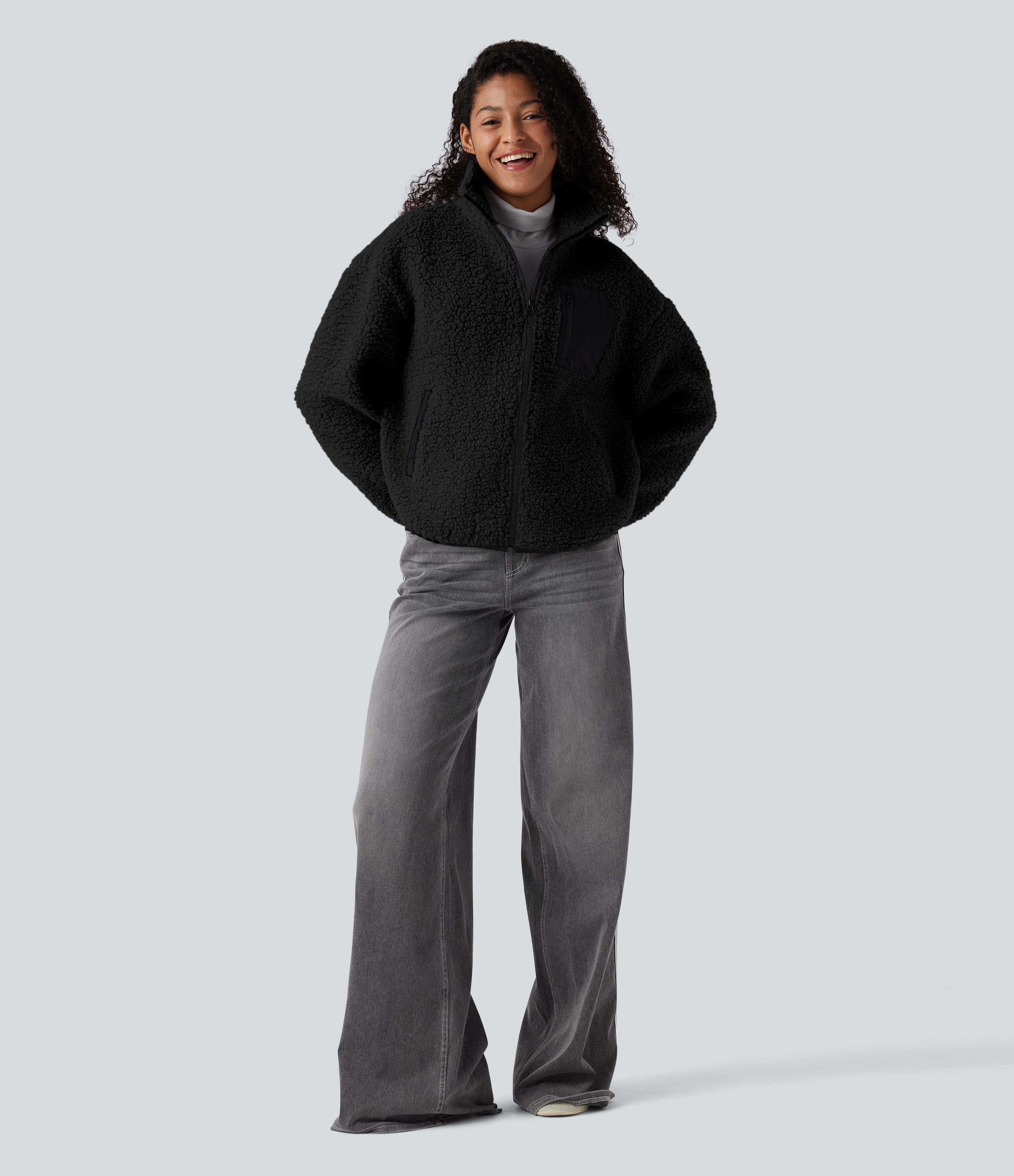 Turtleneck Long Sleeve Casual Sherpa Jacket with Pockets