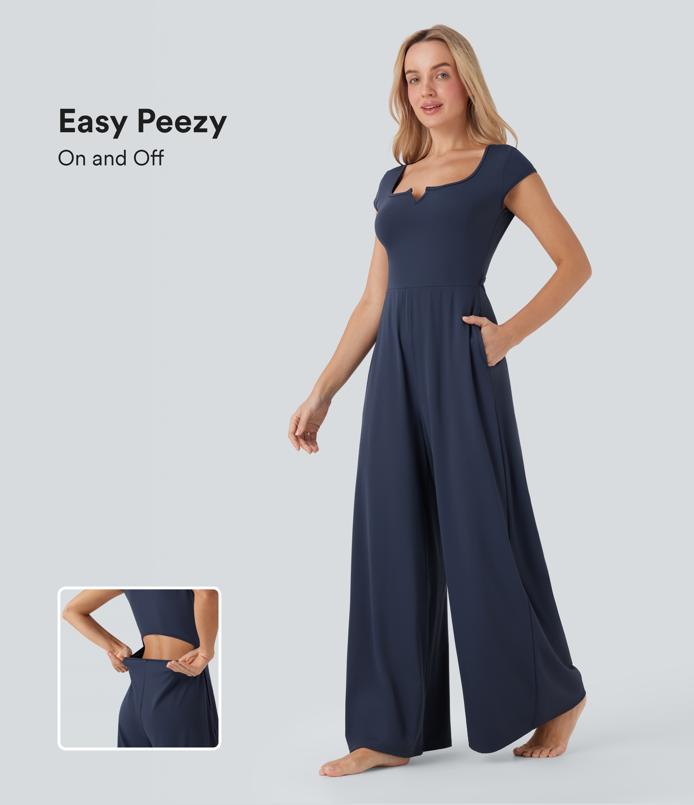 SoftlyZero Airy Short Sleeve Wide Leg Cool Touch Yoga Jumpsuit with Pockets-Easy Peezy Edition