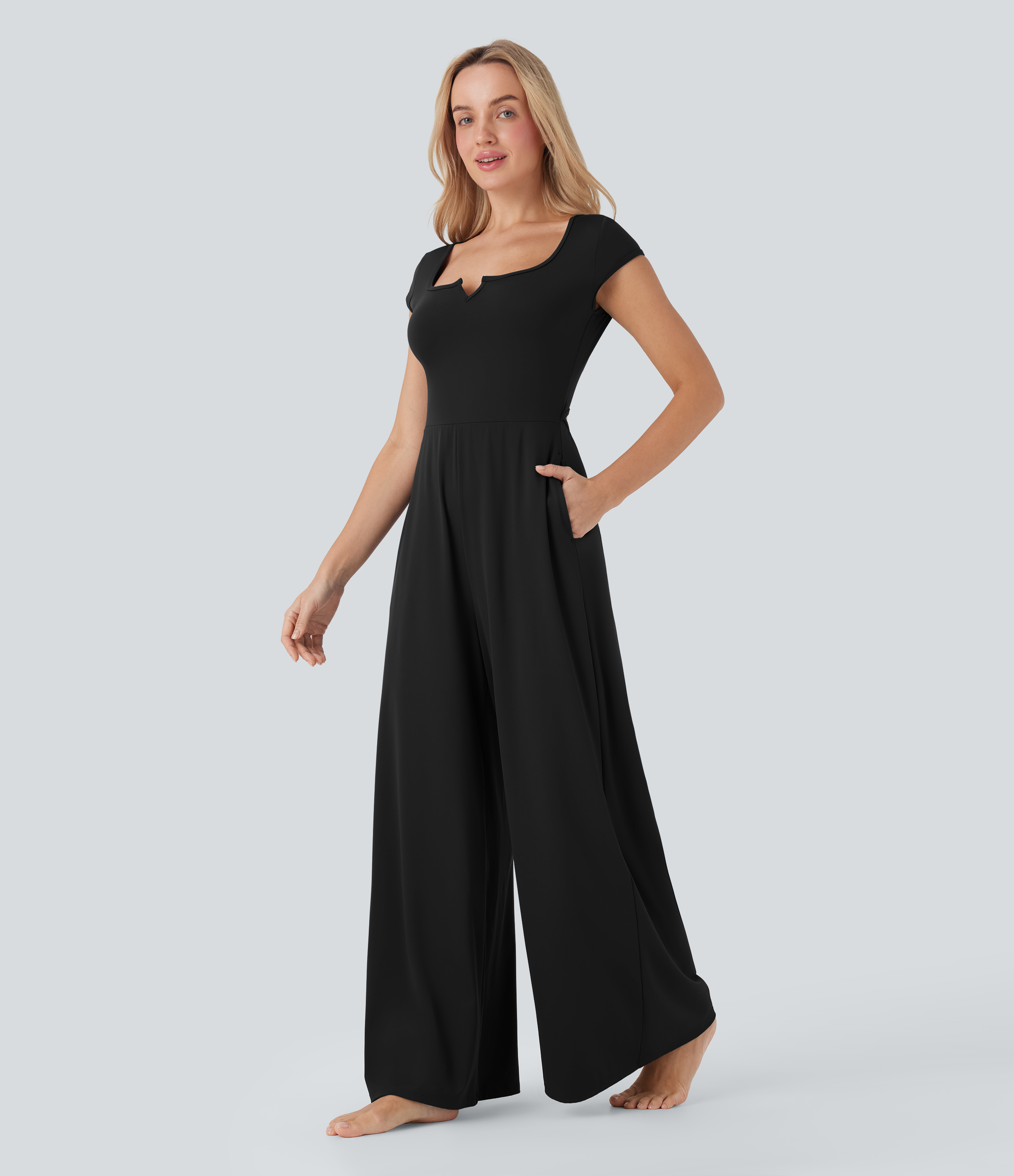 SoftlyZero Airy Short Sleeve Wide Leg Cool Touch Yoga Jumpsuit with Pockets-Easy Peezy Edition
