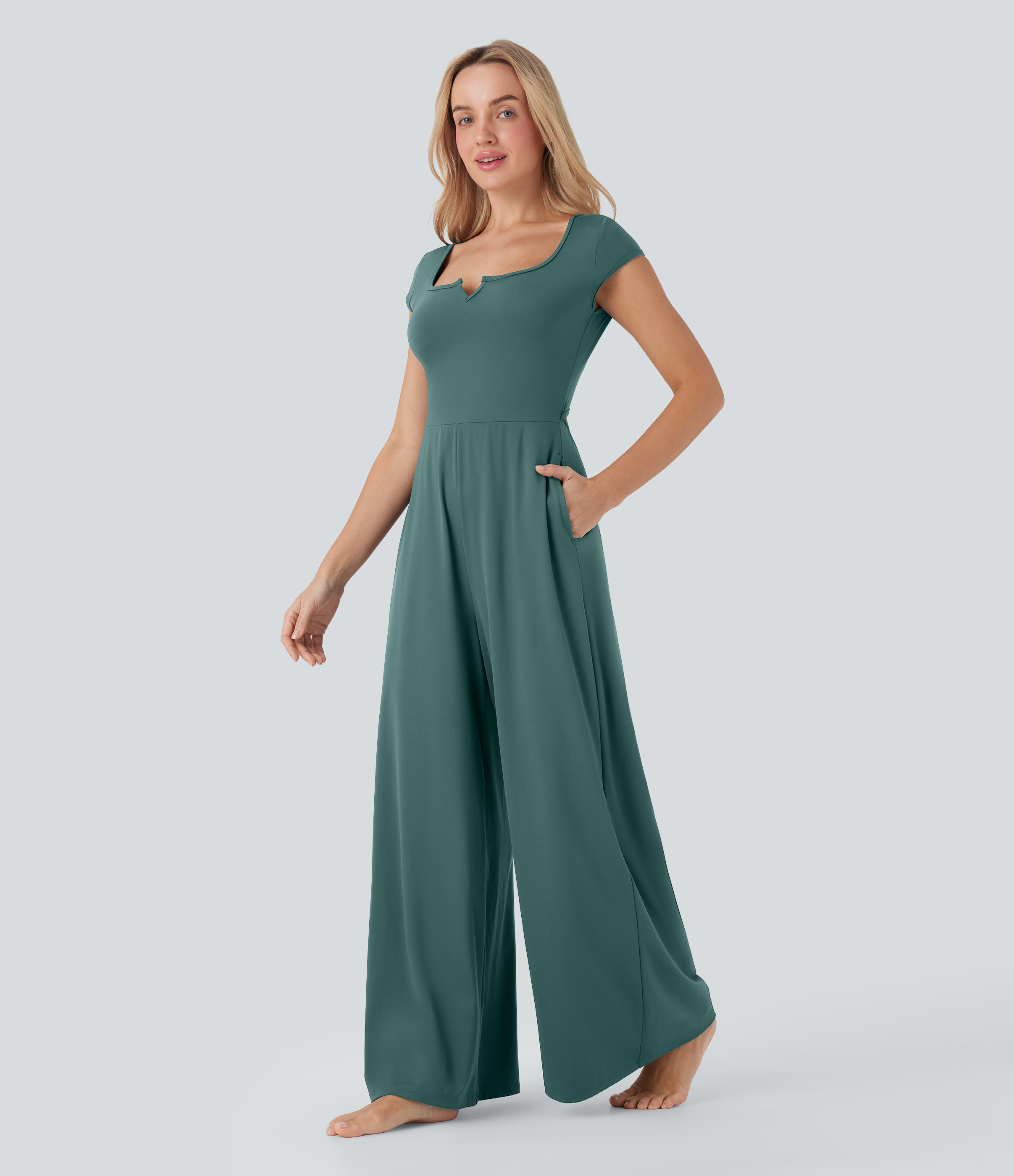 SoftlyZero Airy Short Sleeve Wide Leg Cool Touch Yoga Jumpsuit with Pockets-Easy Peezy Edition