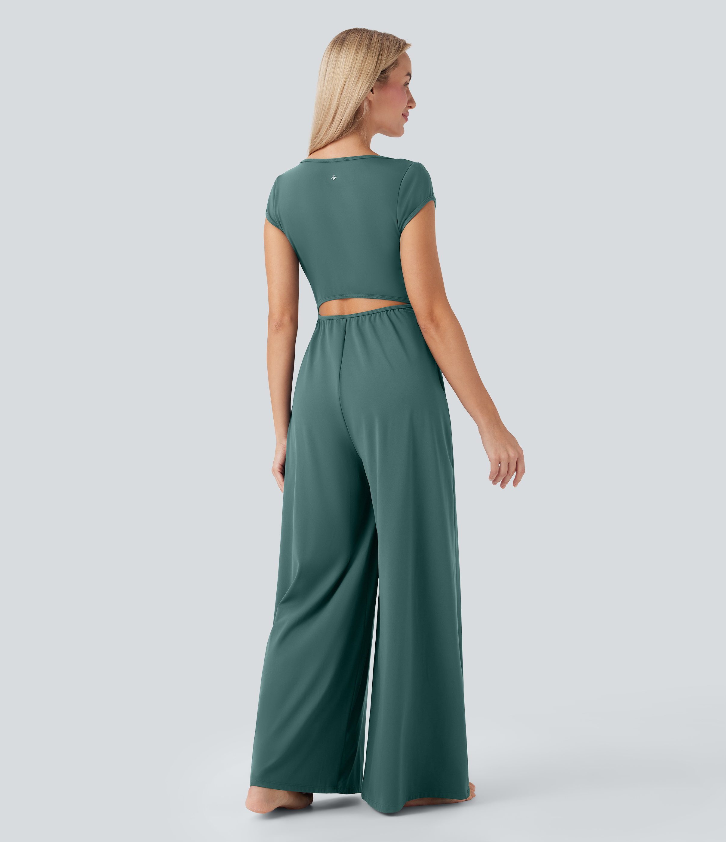 SoftlyZero Airy Short Sleeve Wide Leg Cool Touch Yoga Jumpsuit with Pockets-Easy Peezy Edition