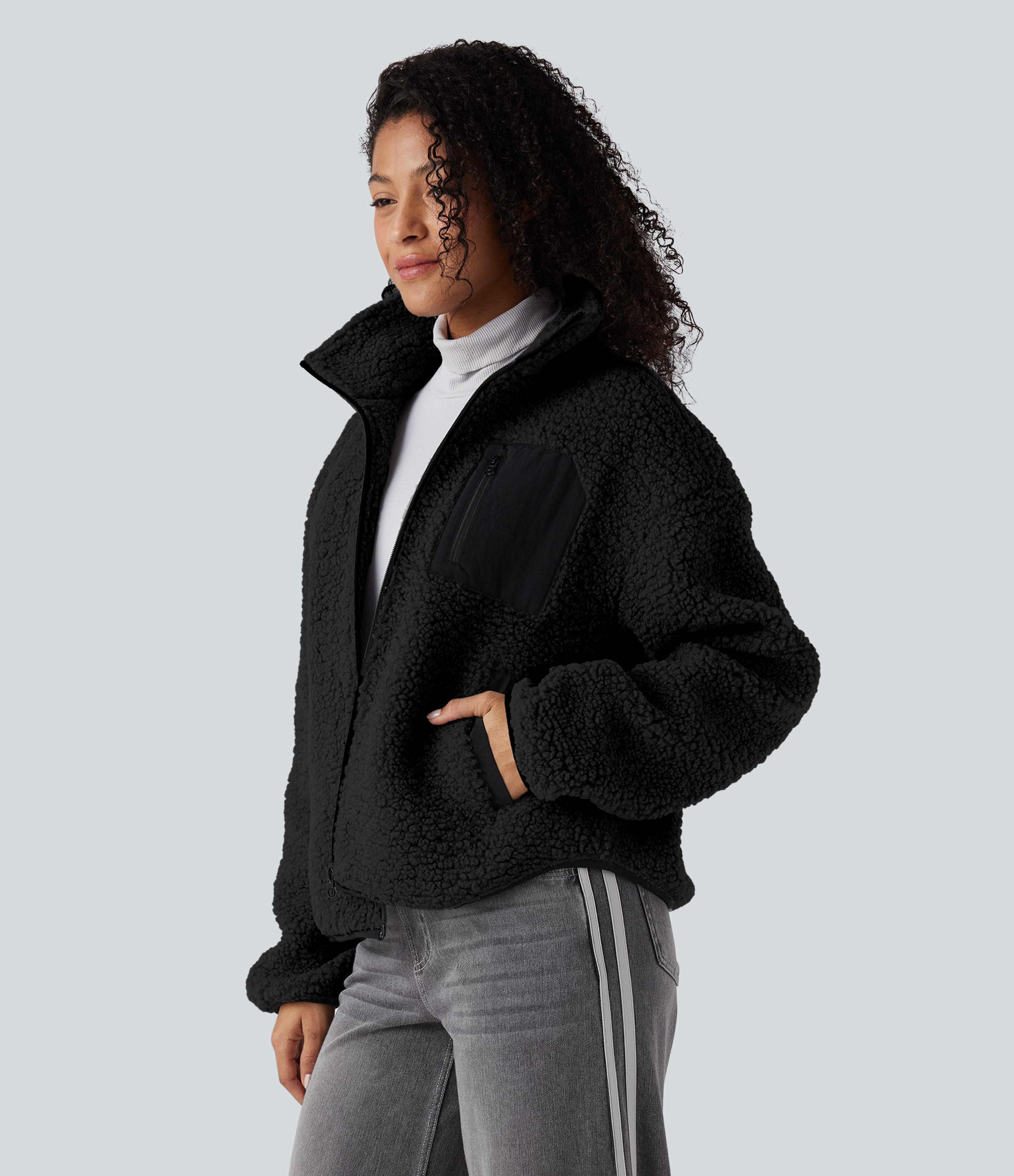 Turtleneck Long Sleeve Casual Sherpa Jacket with Pockets