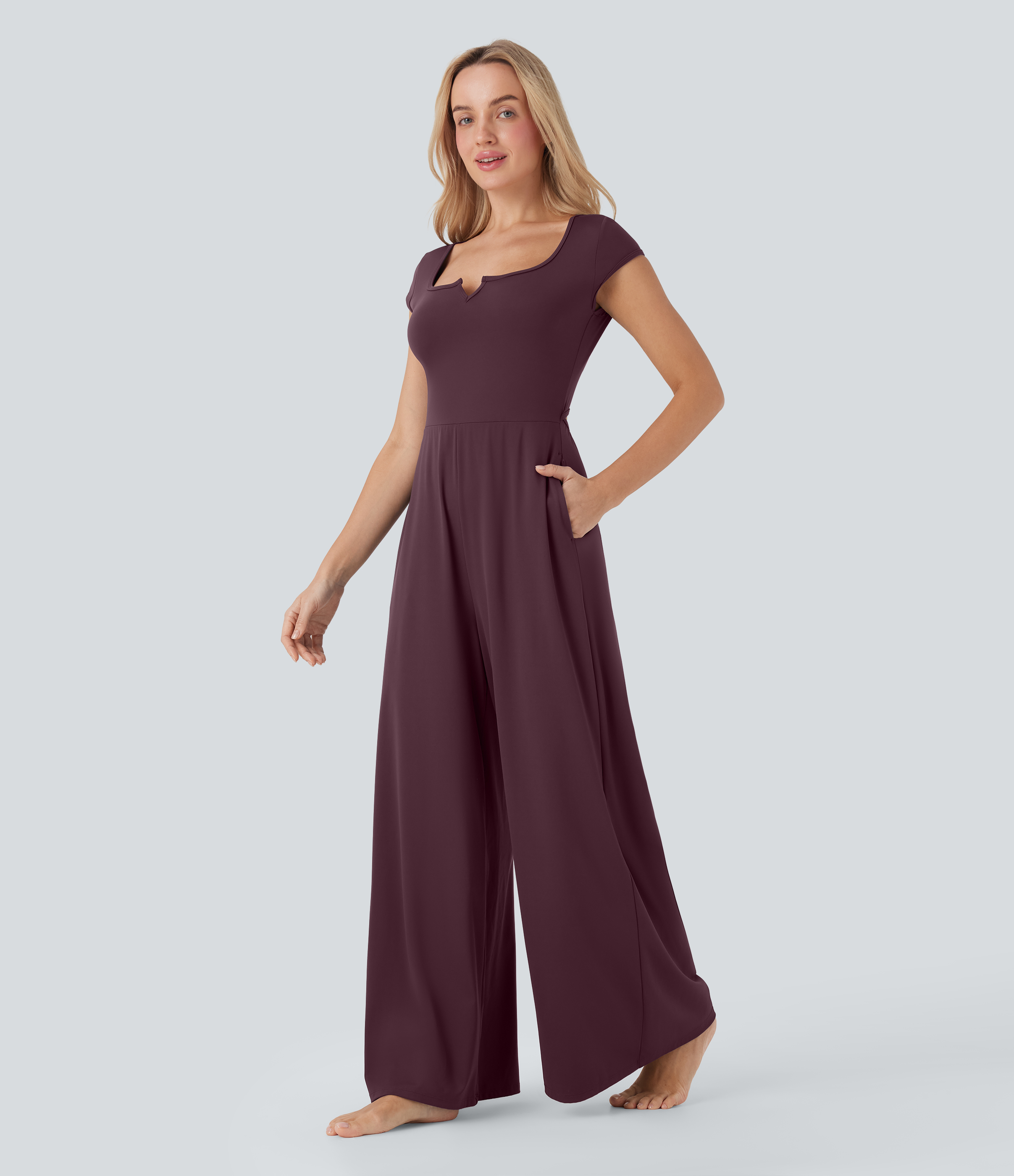 SoftlyZero Airy Short Sleeve Wide Leg Cool Touch Yoga Jumpsuit with Pockets-Easy Peezy Edition