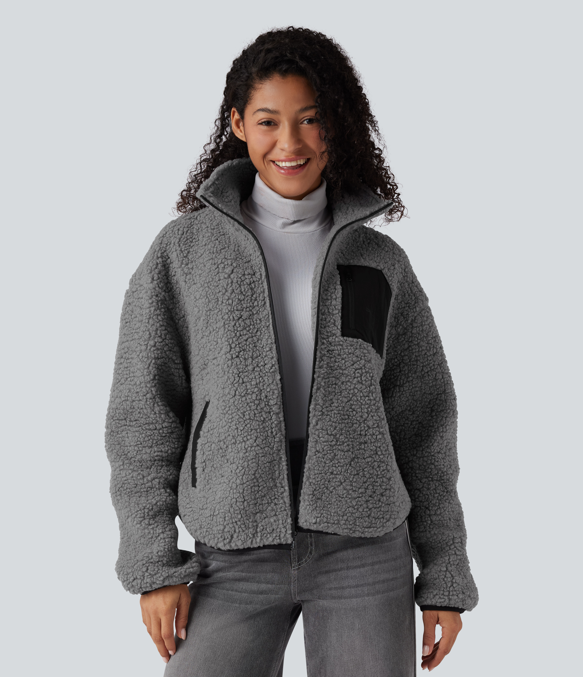 Turtleneck Long Sleeve Casual Sherpa Jacket with Pockets