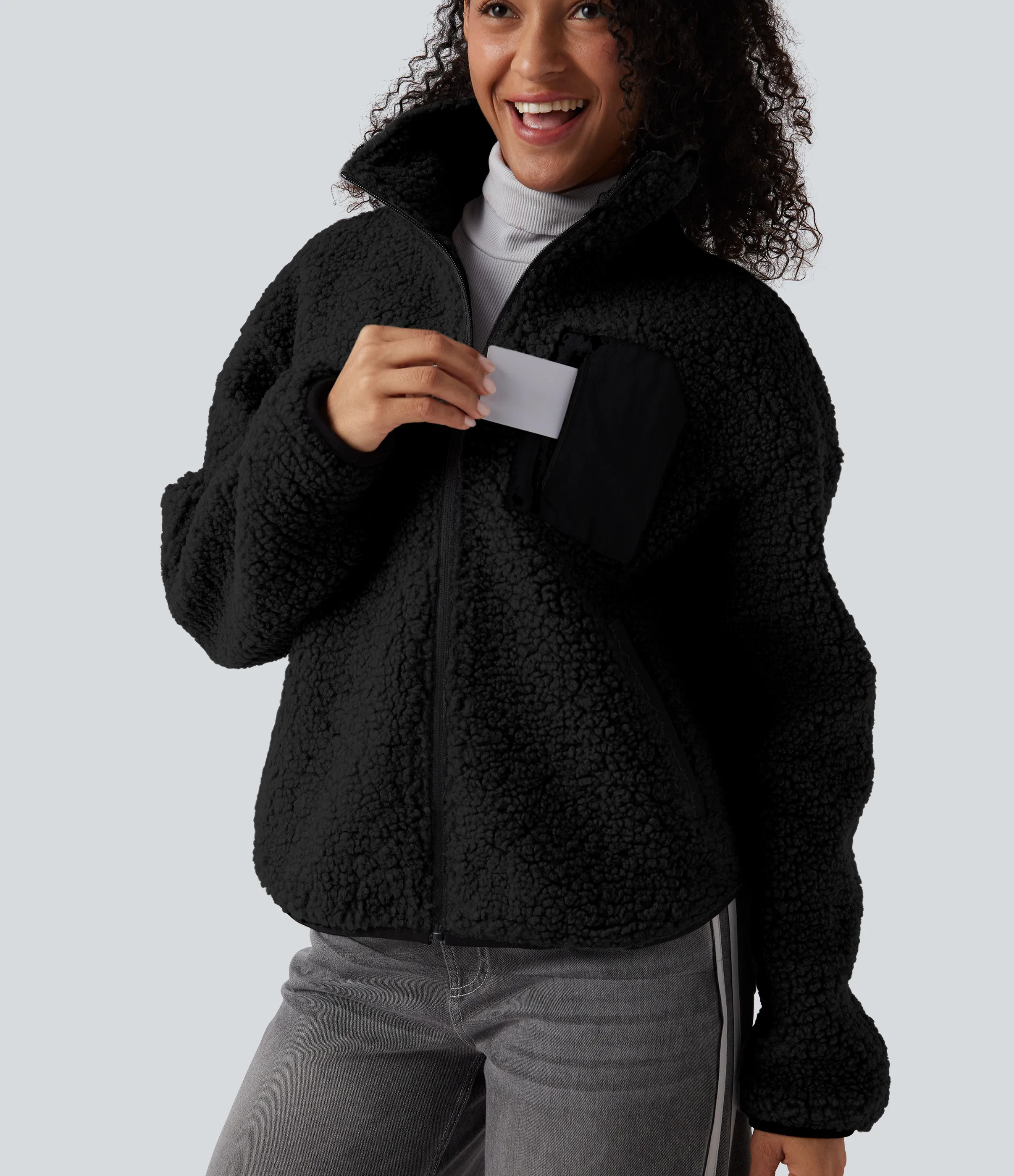 Turtleneck Long Sleeve Casual Sherpa Jacket with Pockets