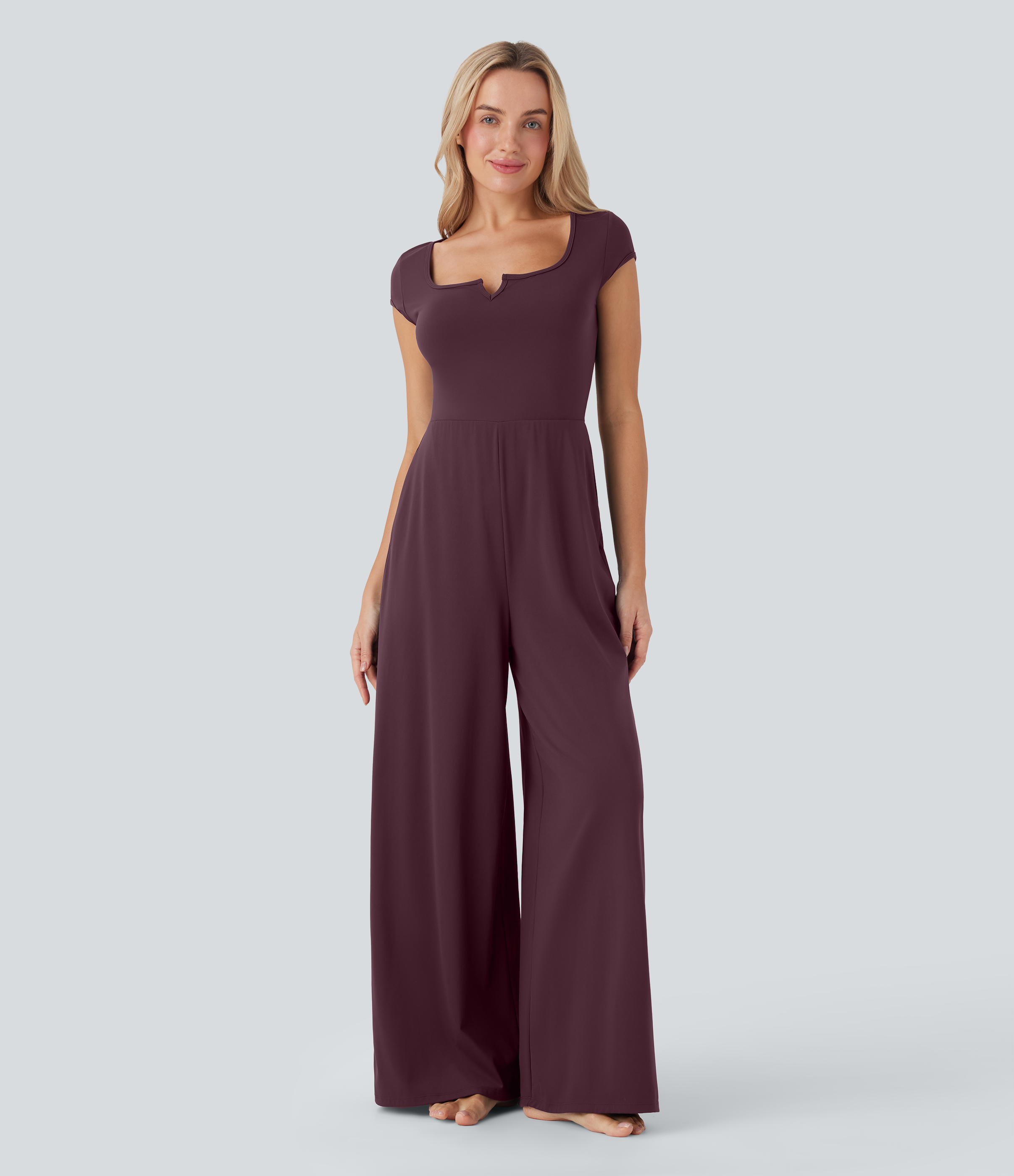 SoftlyZero Airy Short Sleeve Wide Leg Cool Touch Yoga Jumpsuit with Pockets-Easy Peezy Edition