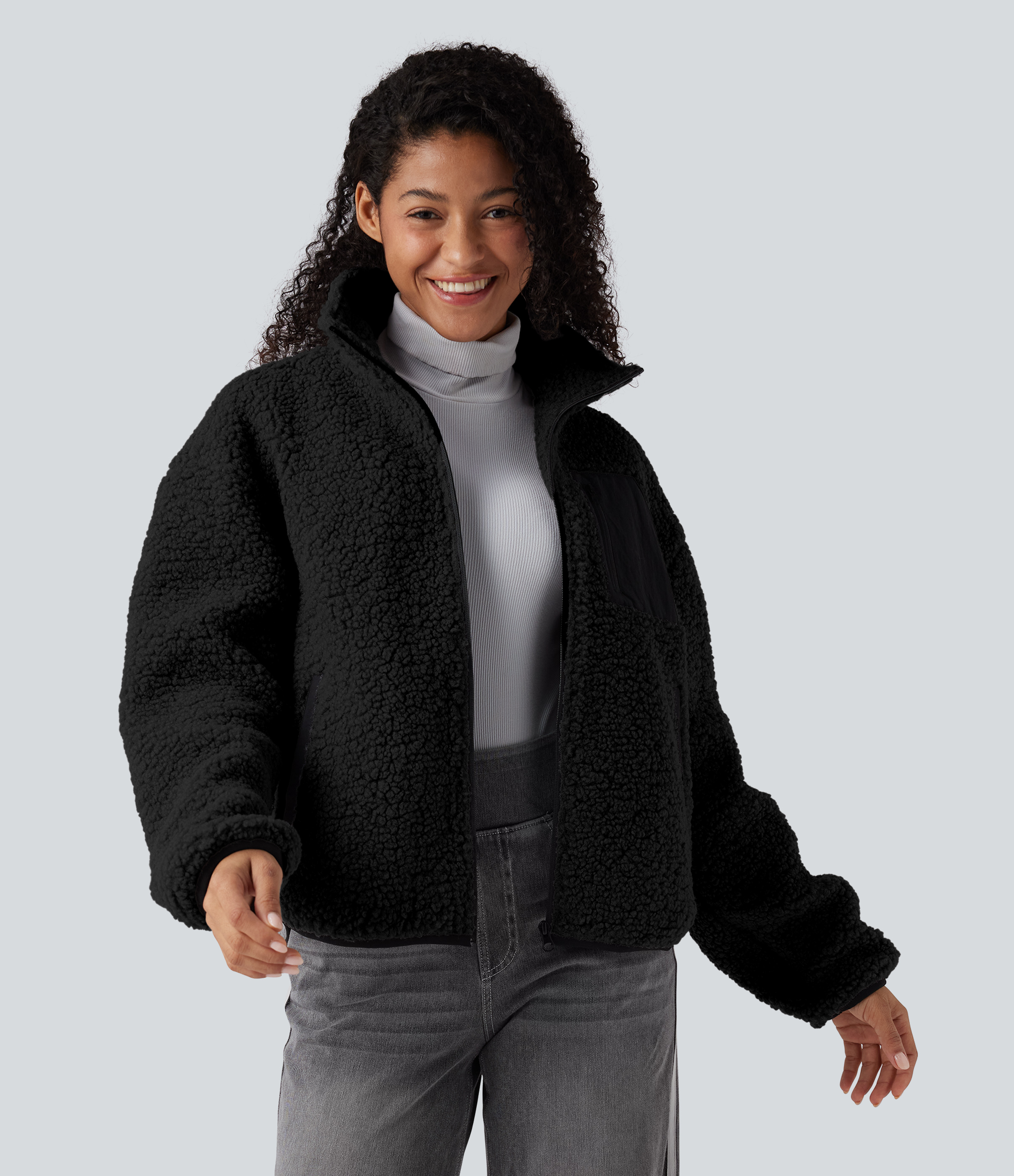 Turtleneck Long Sleeve Casual Sherpa Jacket with Pockets