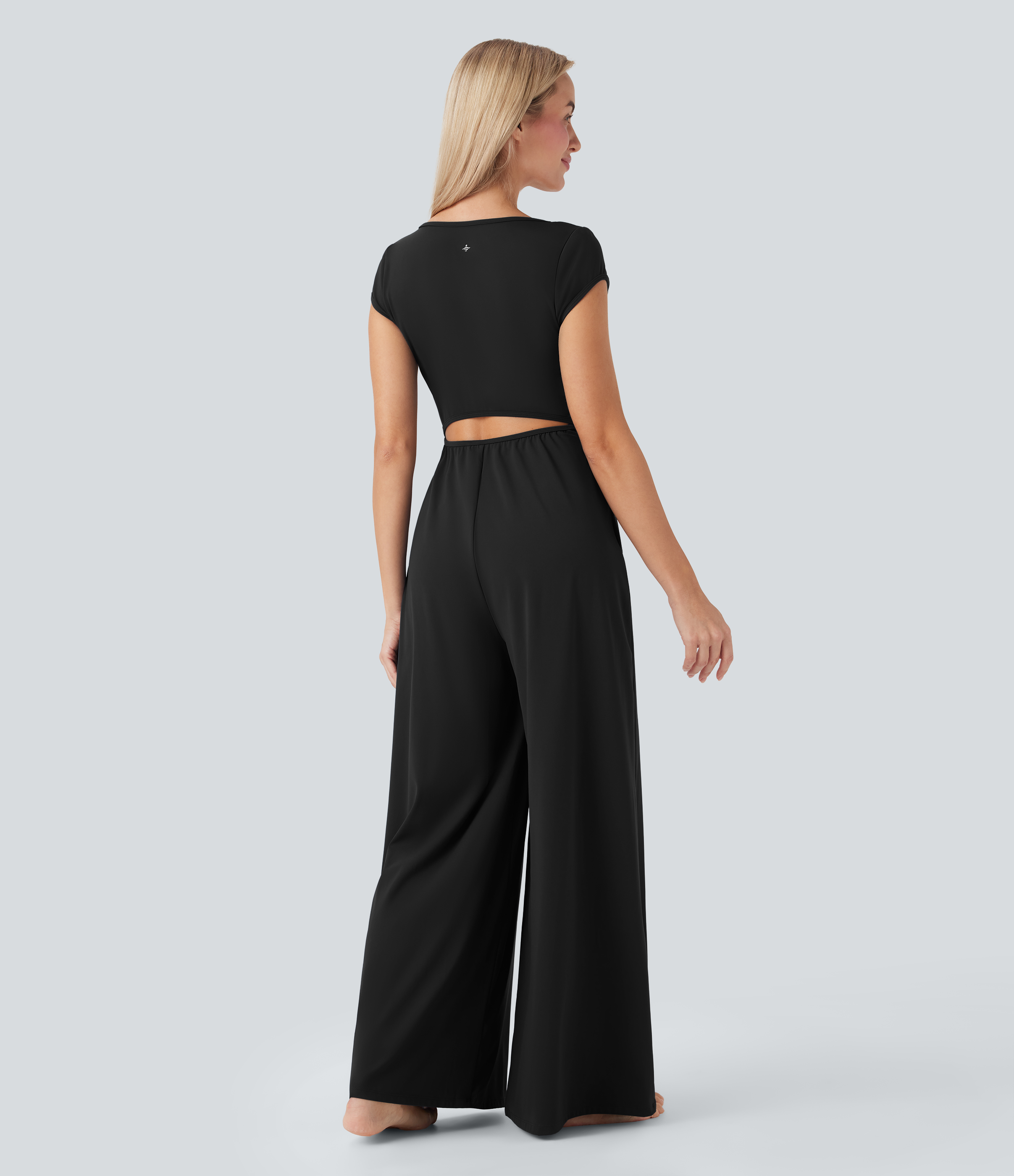 SoftlyZero Airy Short Sleeve Wide Leg Cool Touch Yoga Jumpsuit with Pockets-Easy Peezy Edition