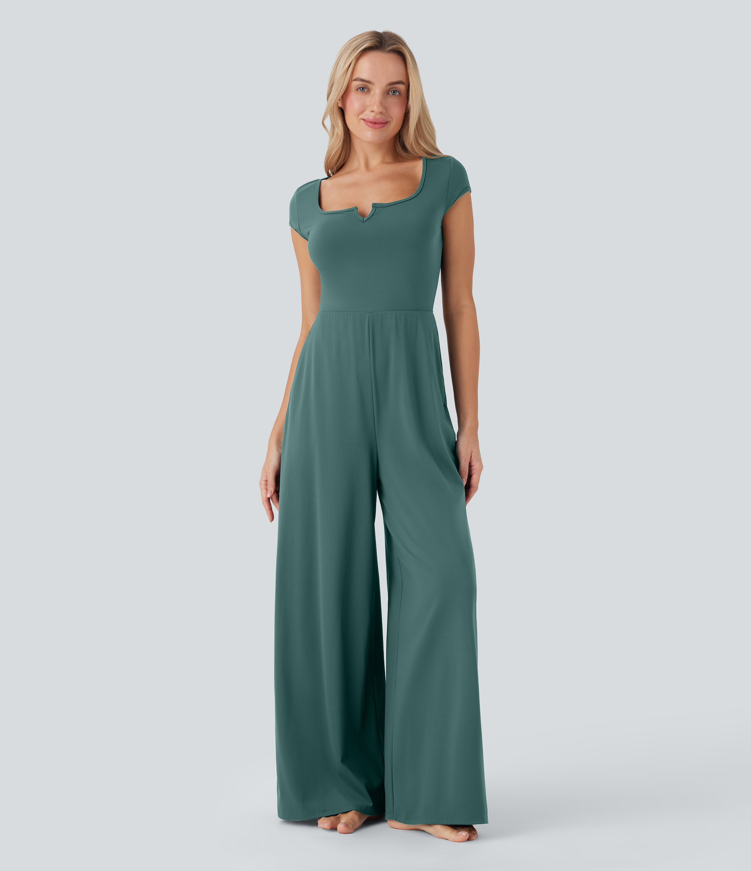 SoftlyZero Airy Short Sleeve Wide Leg Cool Touch Yoga Jumpsuit with Pockets-Easy Peezy Edition