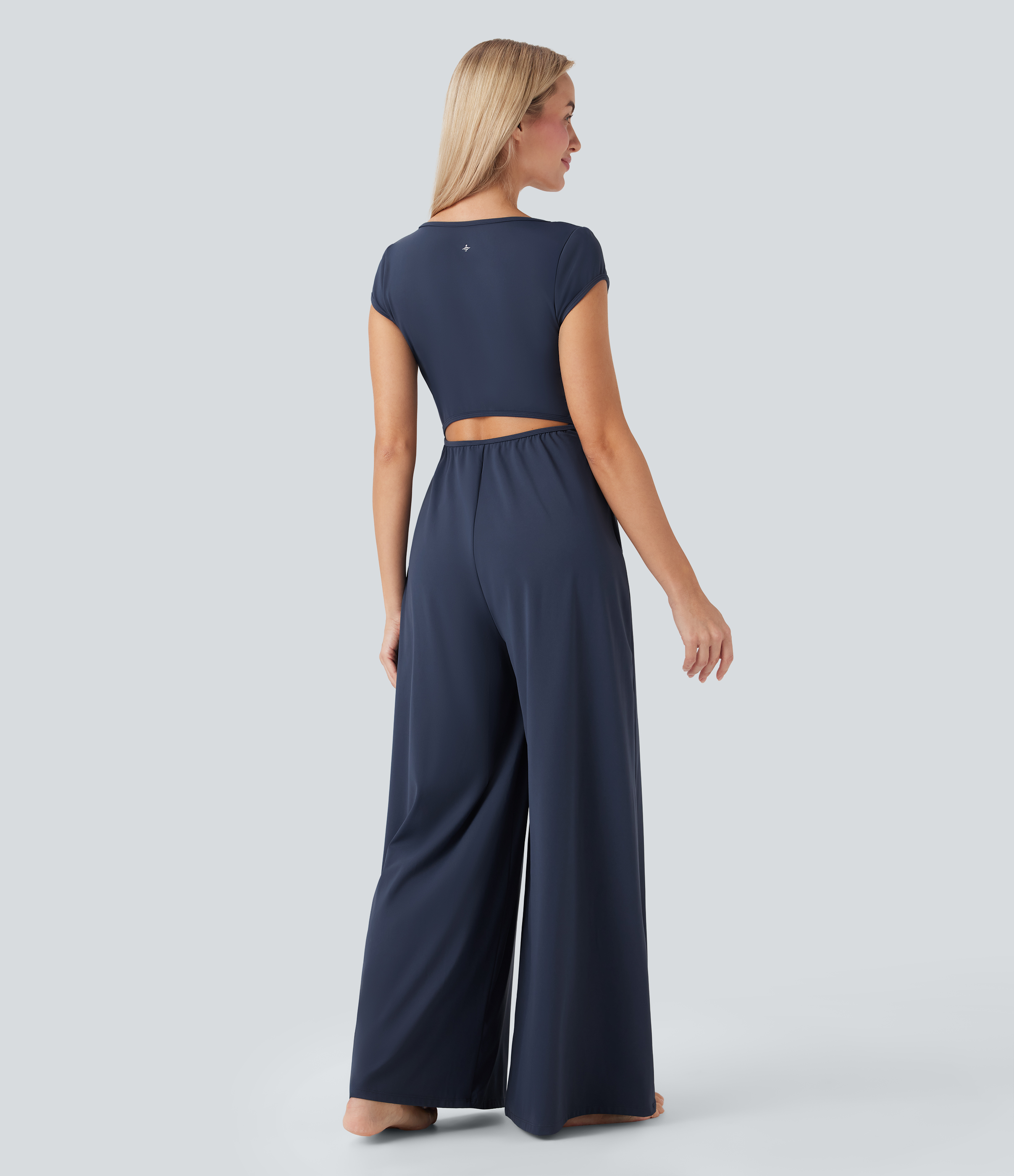 SoftlyZero Airy Short Sleeve Wide Leg Cool Touch Yoga Jumpsuit with Pockets-Easy Peezy Edition
