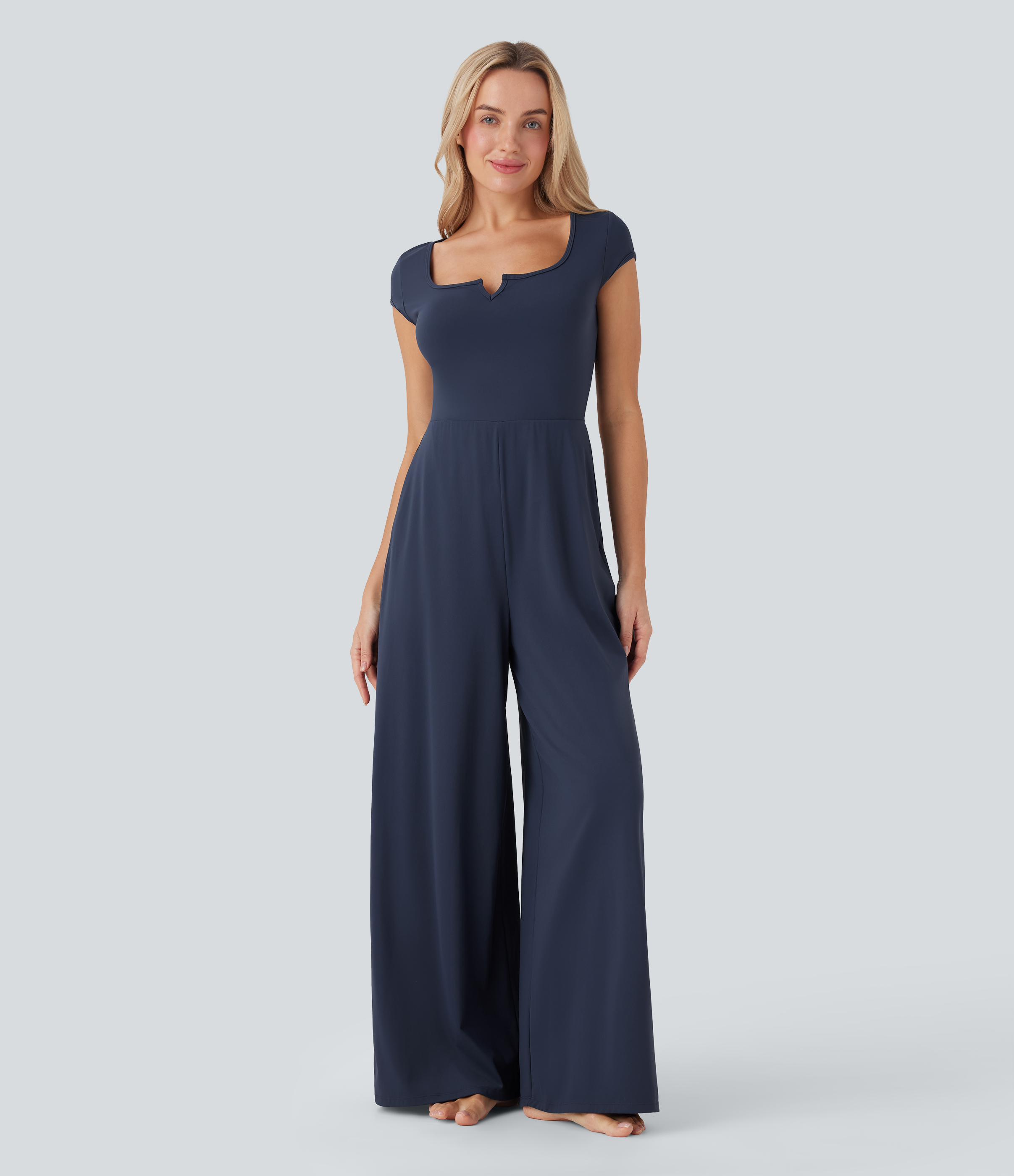 SoftlyZero Airy Short Sleeve Wide Leg Cool Touch Yoga Jumpsuit with Pockets-Easy Peezy Edition