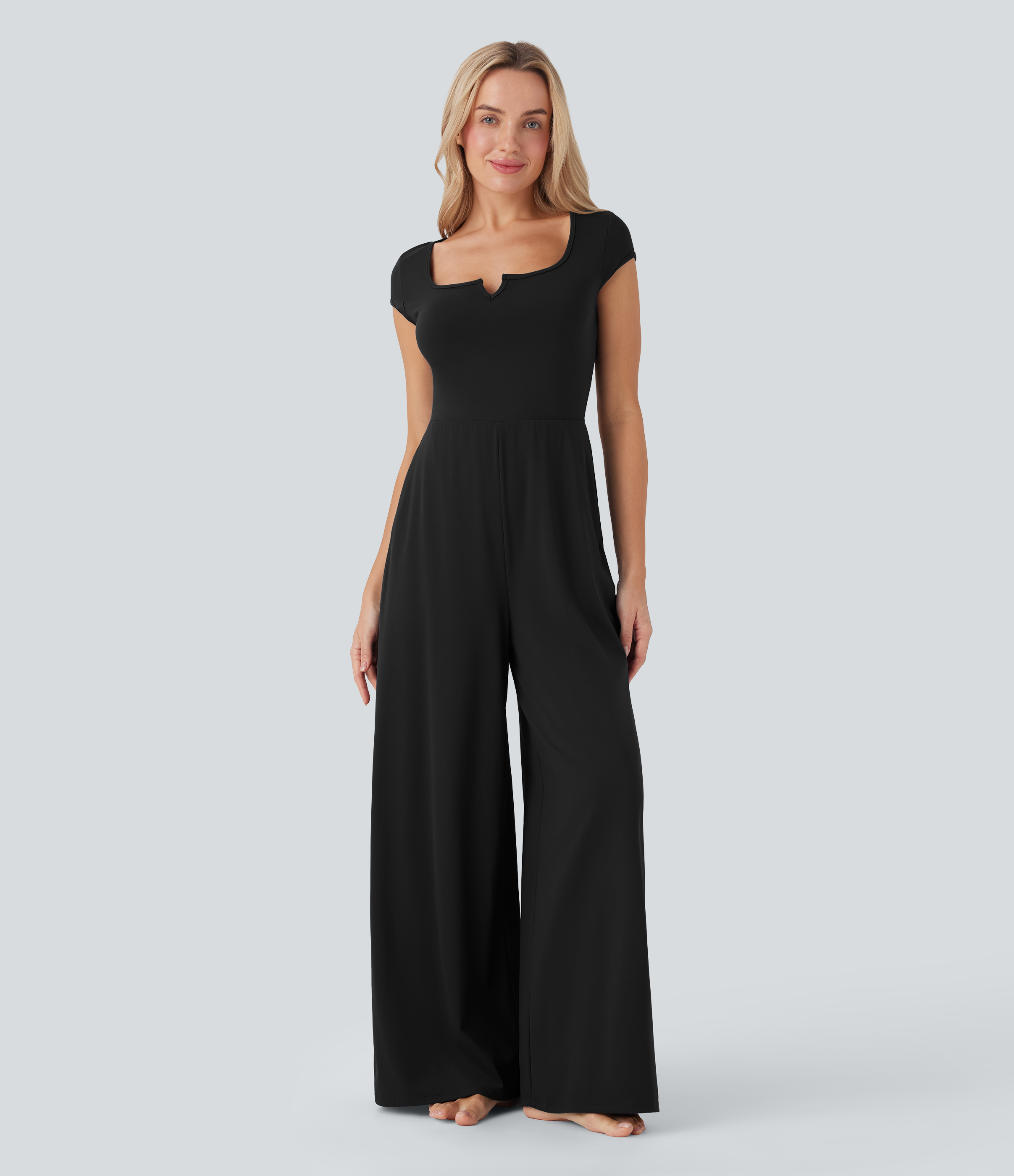 SoftlyZero Airy Short Sleeve Wide Leg Cool Touch Yoga Jumpsuit with Pockets-Easy Peezy Edition