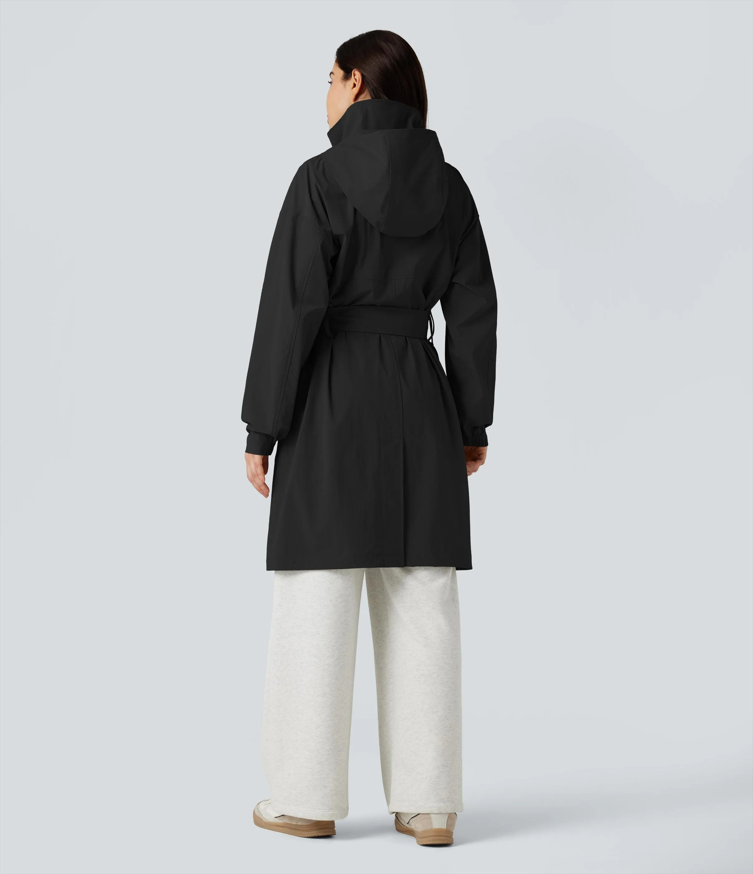 Water Repellent Hooded Belted Casual Trench Jacket with Pockets