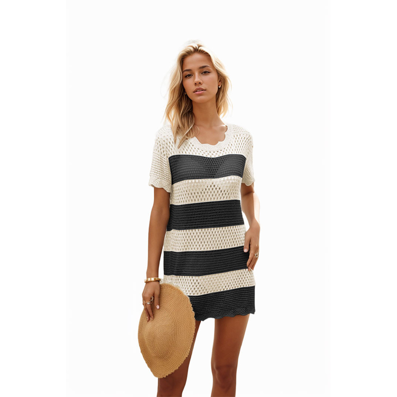 Summer new hot style round neck hand hook beach hollow blouse striped dress