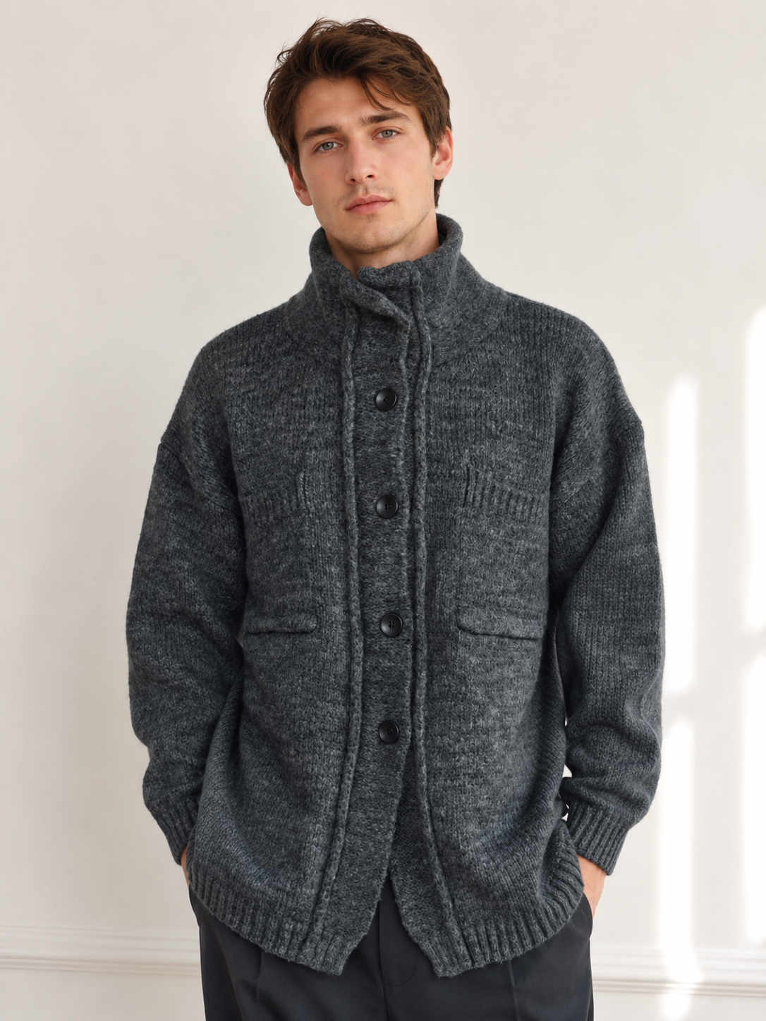 Unisex Wool Blend High Neck Knit Cardigan Sweater Button Front