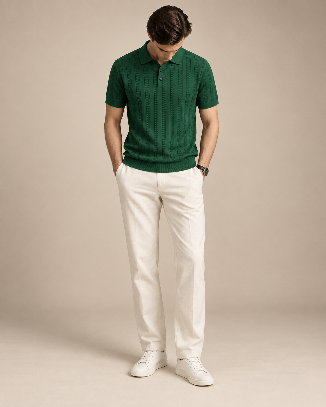 Men’s Old-Money Style Cool-Touch Wheat Cable-Knit Polo
