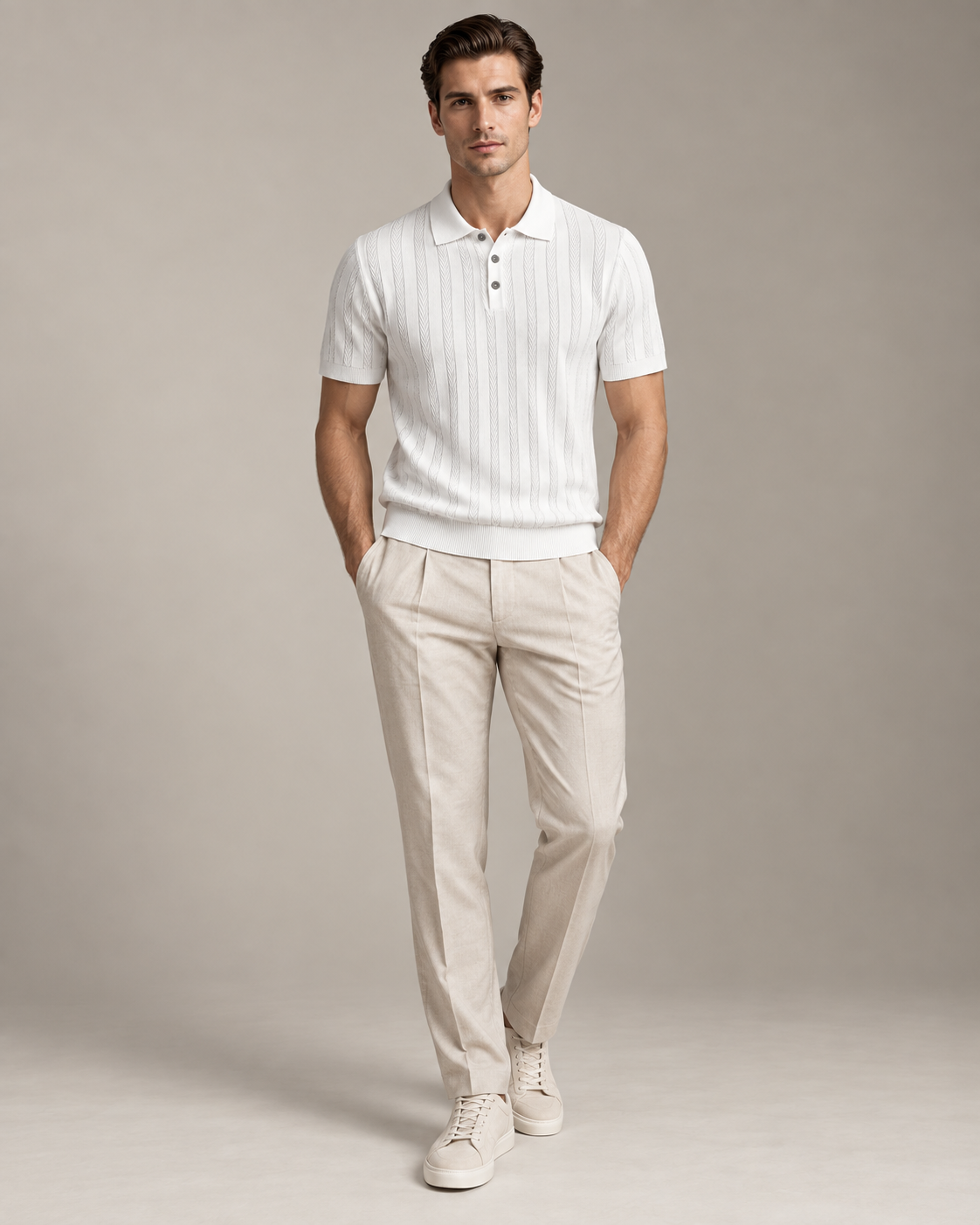 Men’s Old-Money Style Cool-Touch Wheat Cable-Knit Polo