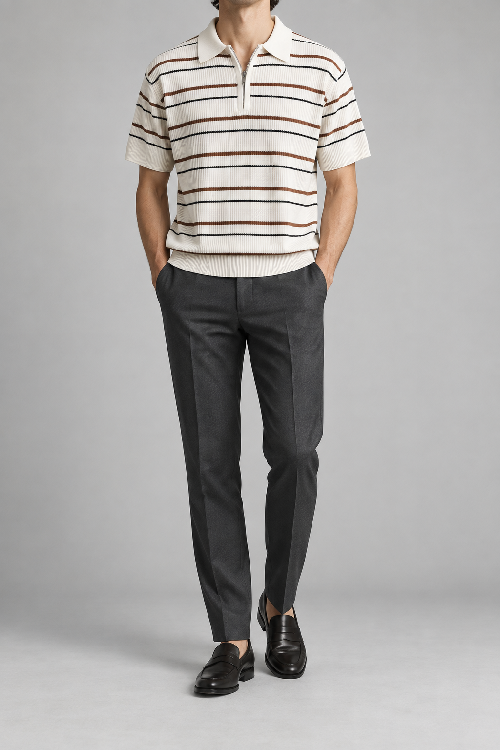 Men's Cooling Ribbed Stripe Half Zip Knit Polo