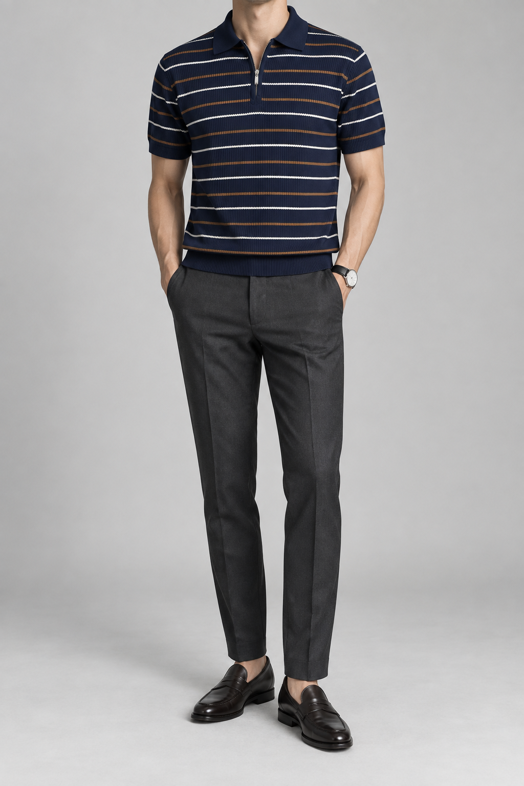 Men's Cooling Ribbed Stripe Half Zip Knit Polo