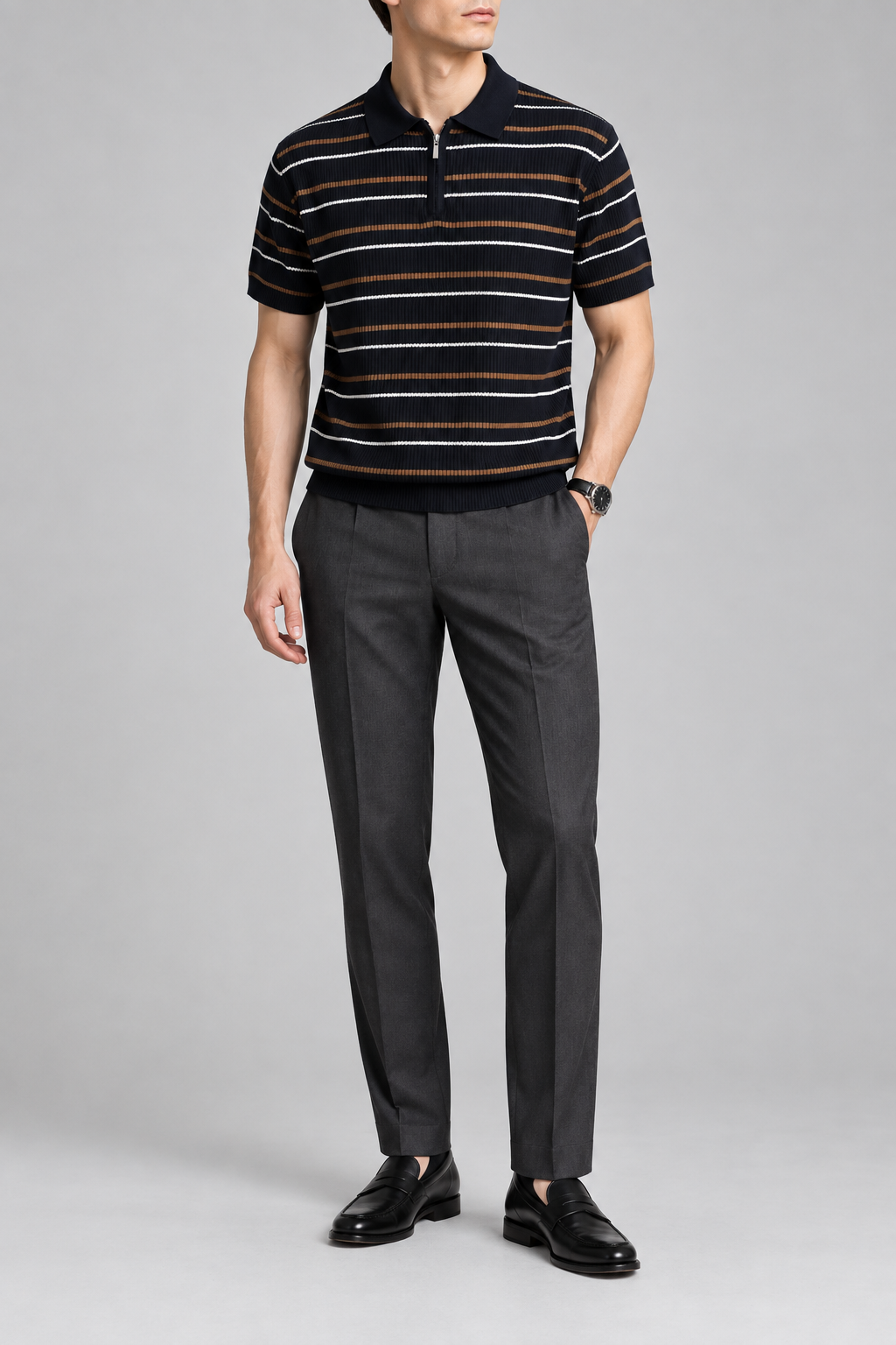 Men's Cooling Ribbed Stripe Half Zip Knit Polo
