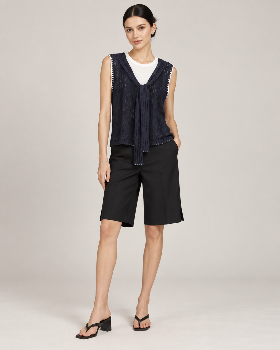 Women's French Colorblock Layered Look Openwork Knit Top
