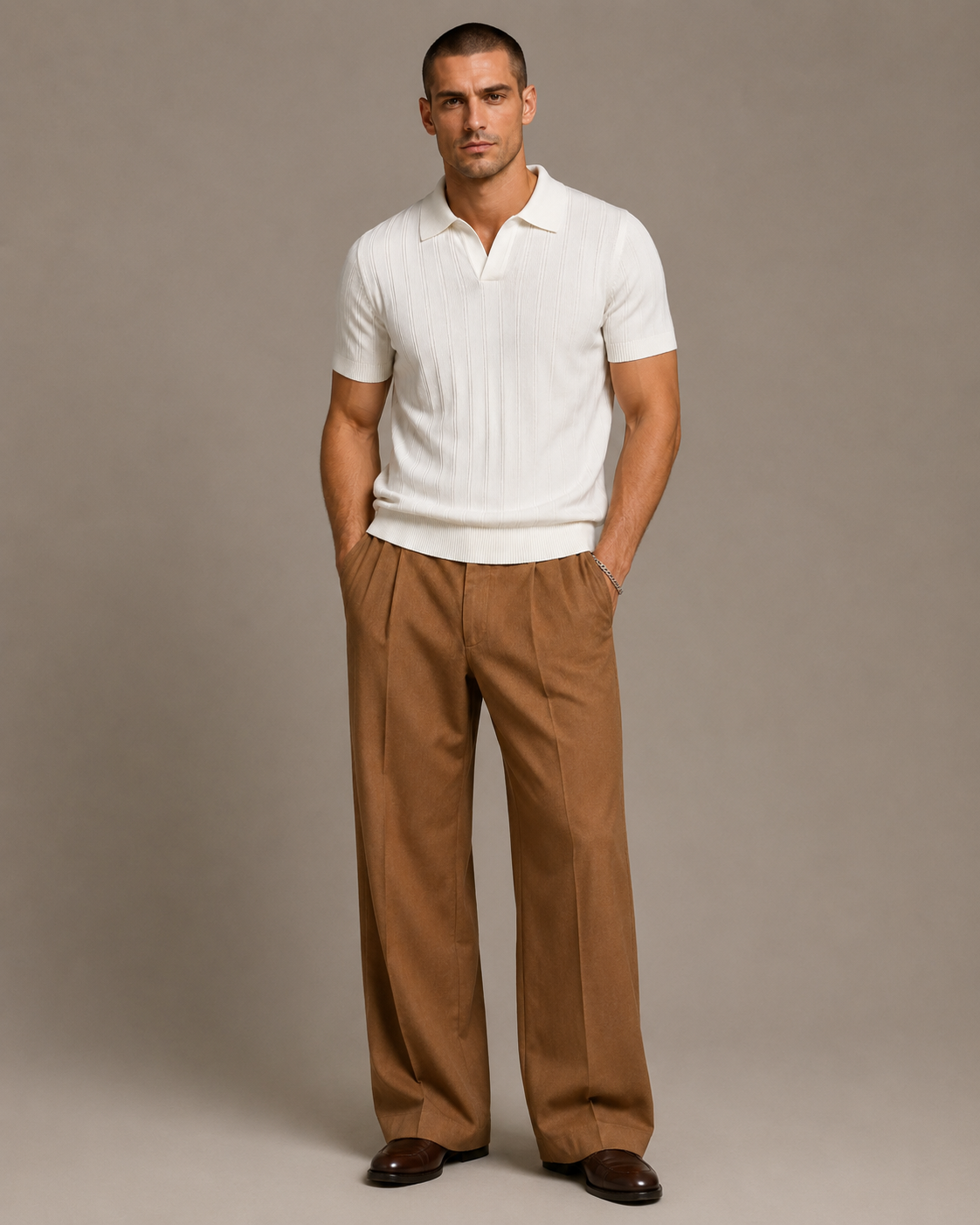 Men’s Ribbed Knit Polo Shirt V-Neck Short Sleeve Top