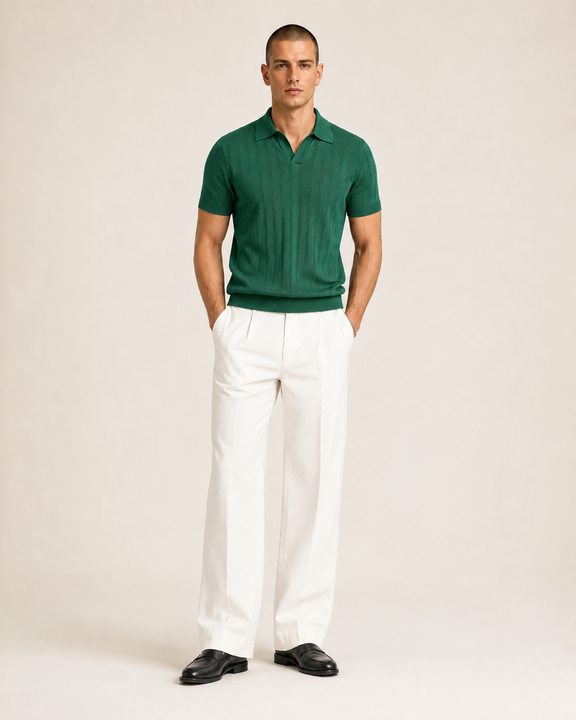 Men’s Ribbed Knit Polo Shirt V-Neck Short Sleeve Top