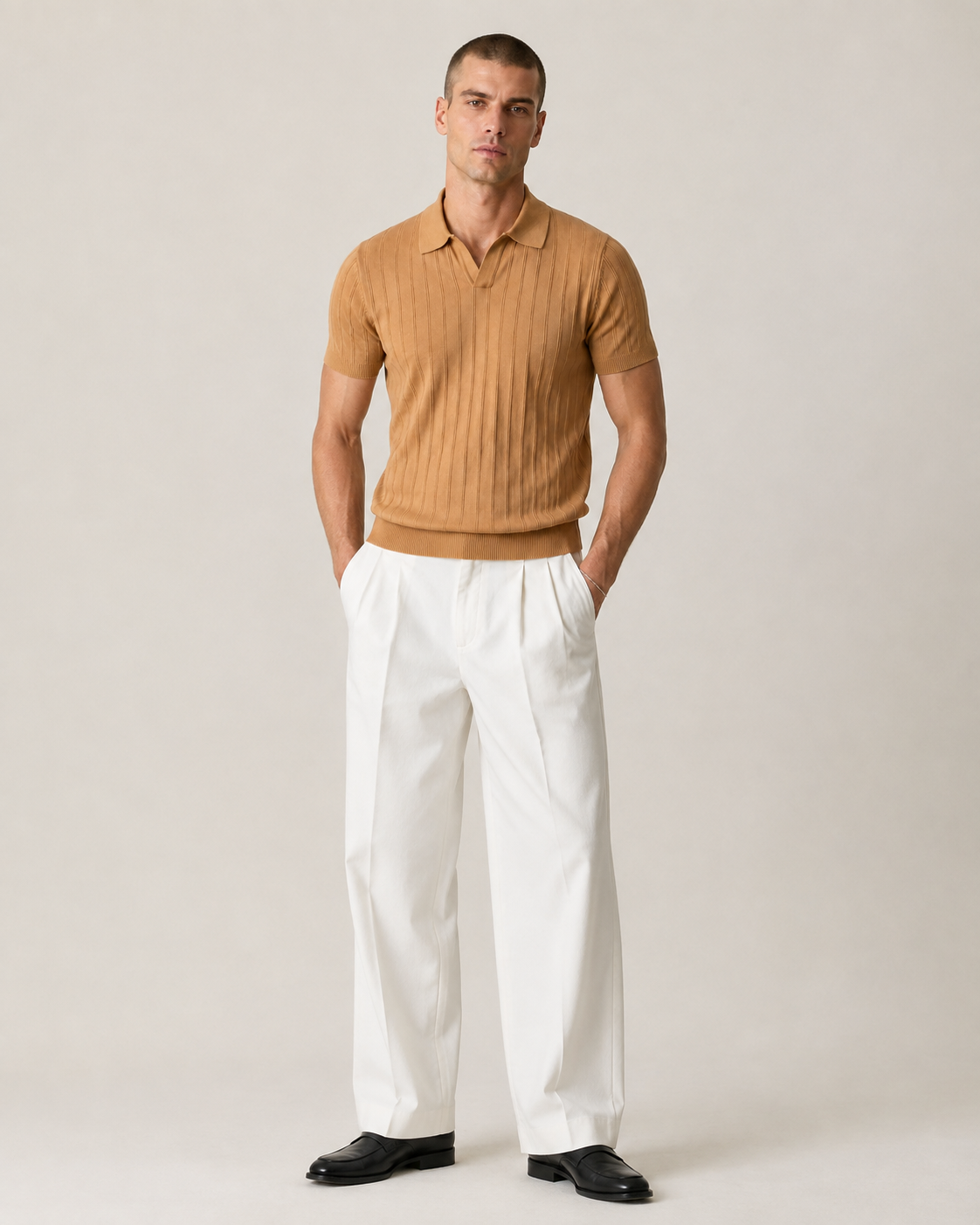 Men’s Ribbed Knit Polo Shirt V-Neck Short Sleeve Top