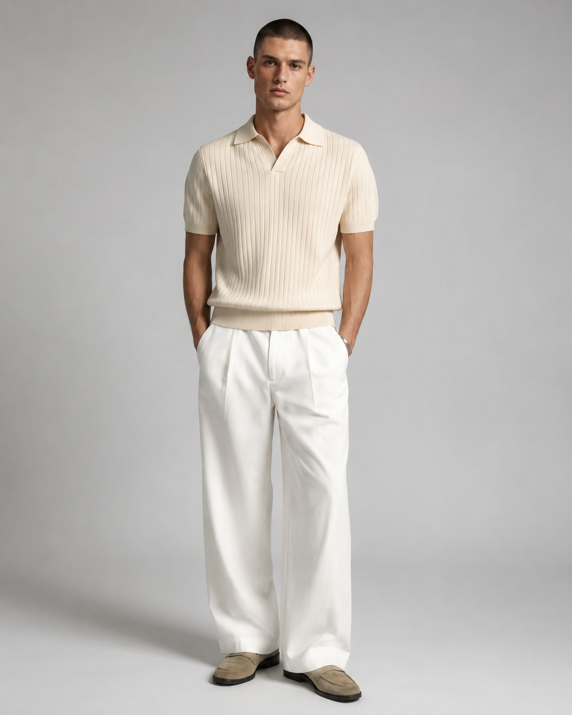 Men's Ribbed Knit Polo Shirt Short Sleeve V-Neck Top