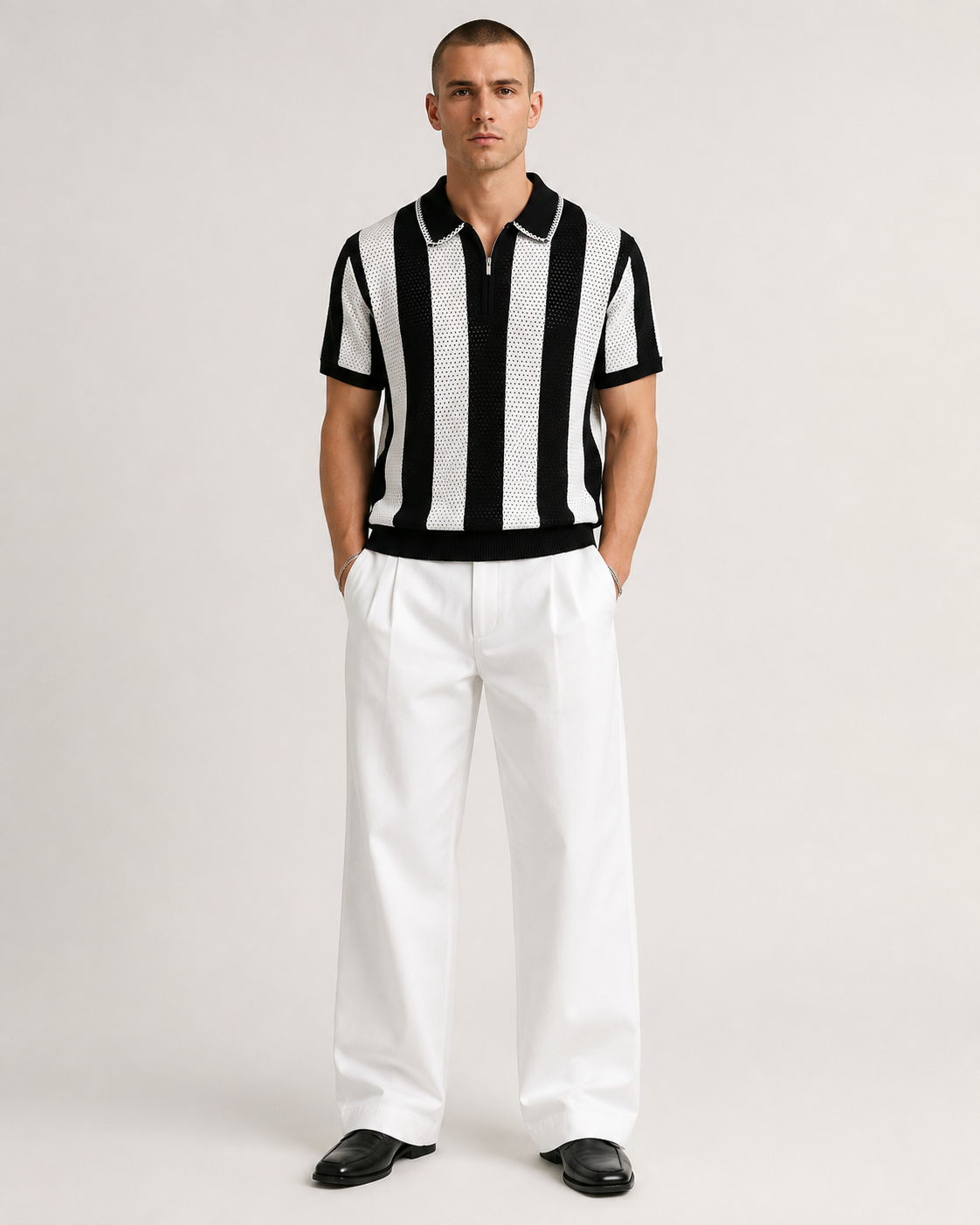 Men’s Cooling Knit Polo Shirt Striped Zip Short Sleeve Top