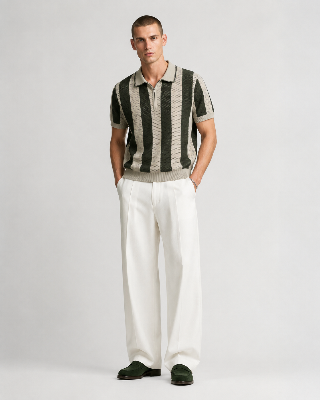 Men’s Cooling Knit Polo Shirt Striped Zip Short Sleeve Top