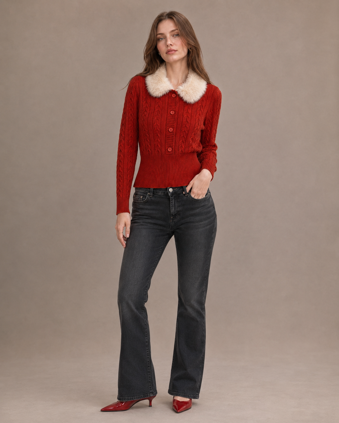 Women’s Vintage Cable Knit Sweater Fur Collar Slim Fit Cropped Top