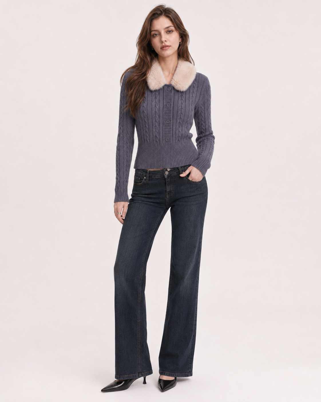 Women’s Vintage Cable Knit Sweater Fur Collar Slim Fit Cropped Top