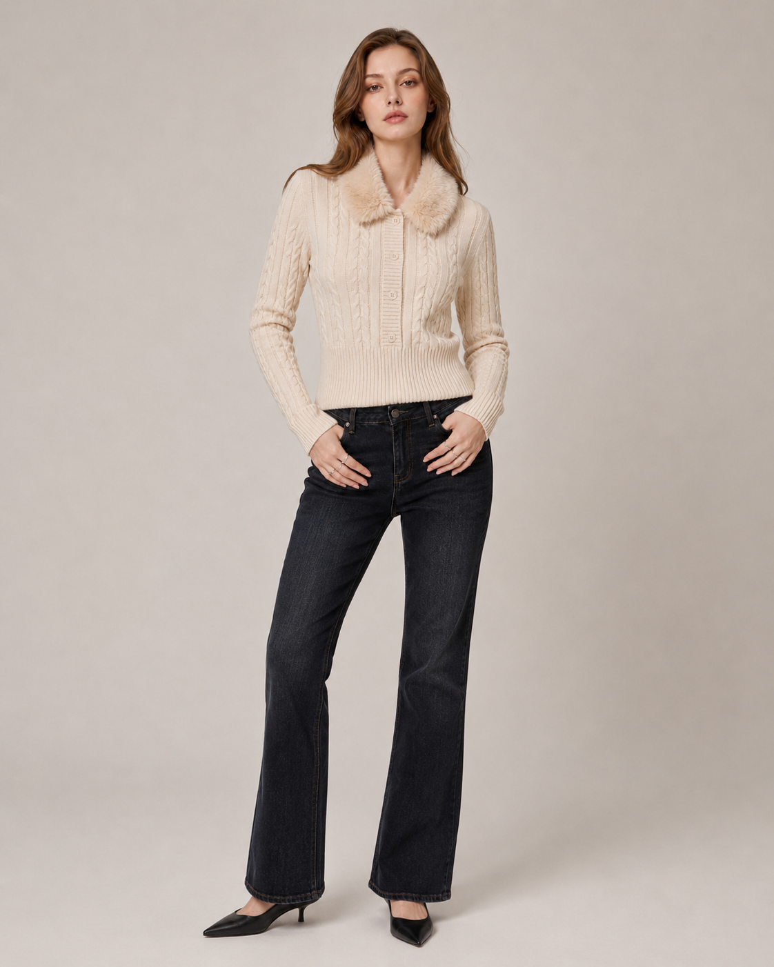 Women’s Vintage Cable Knit Sweater Fur Collar Slim Fit Cropped Top