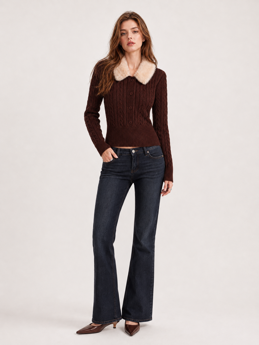 Women’s Vintage Cable Knit Sweater Fur Collar Slim Fit Cropped Top