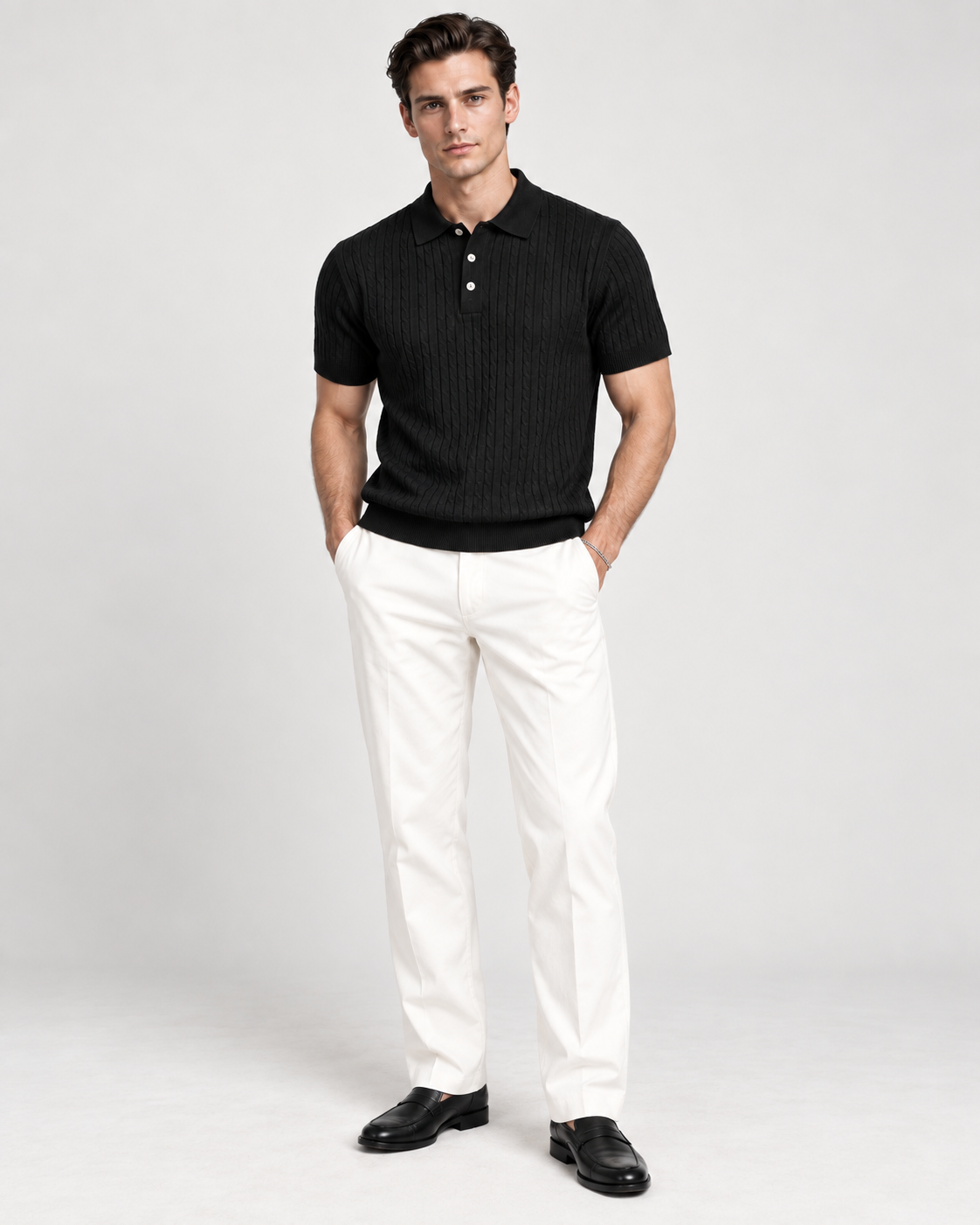 Men’s Old-Money Style Cool-Touch Cable-Knit Polo Shirt