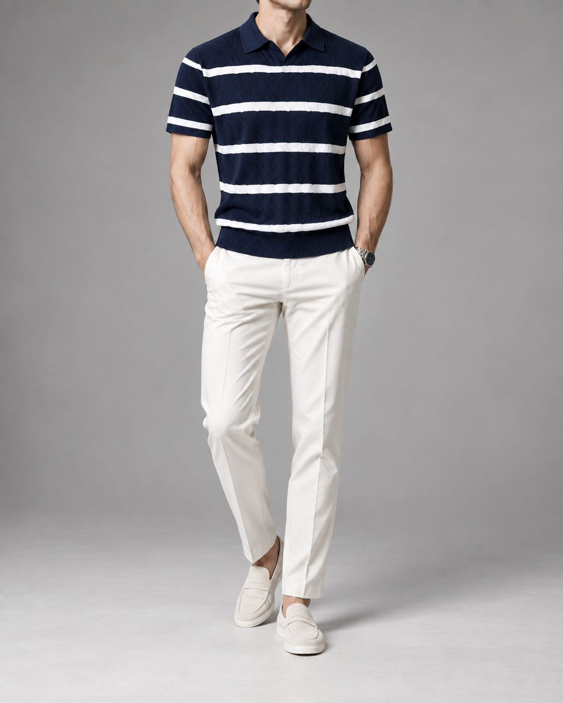 Men’s Old-Money Style Cable-Knit Polo Shirt