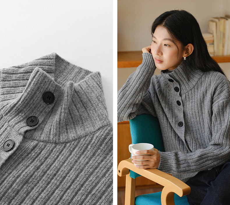 Women's French Ribbed Turtleneck Button Cardigan