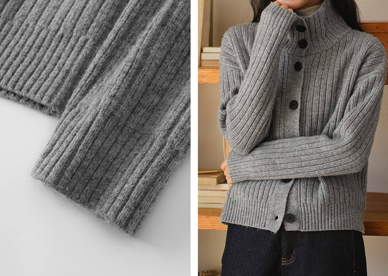 Women's French Ribbed Turtleneck Button Cardigan