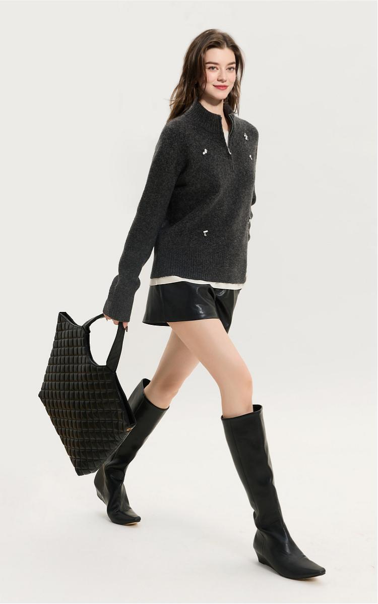 Women's Vintage Zip Stand Collar Knit Sweater