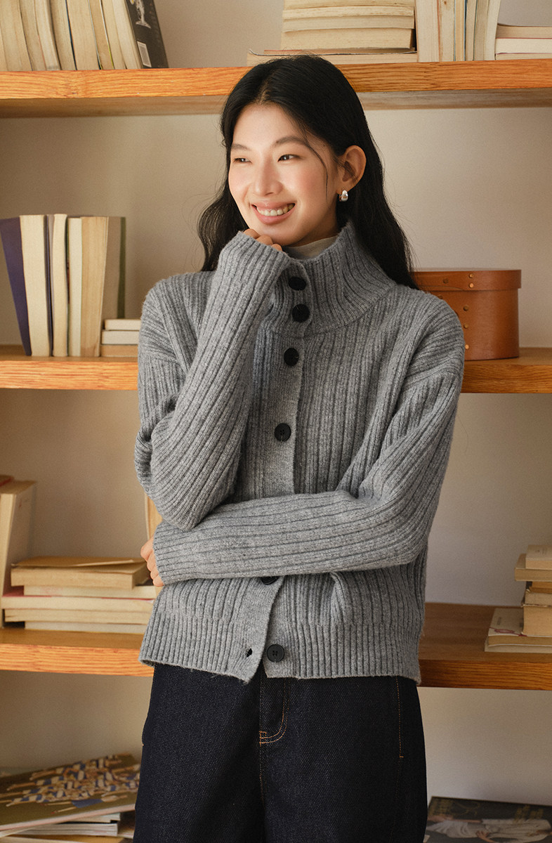 Women's French Ribbed Turtleneck Button Cardigan