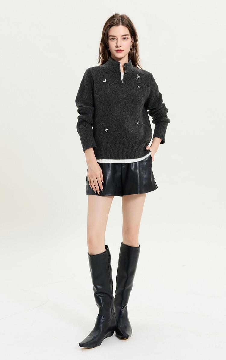 Women's Vintage Zip Stand Collar Knit Sweater