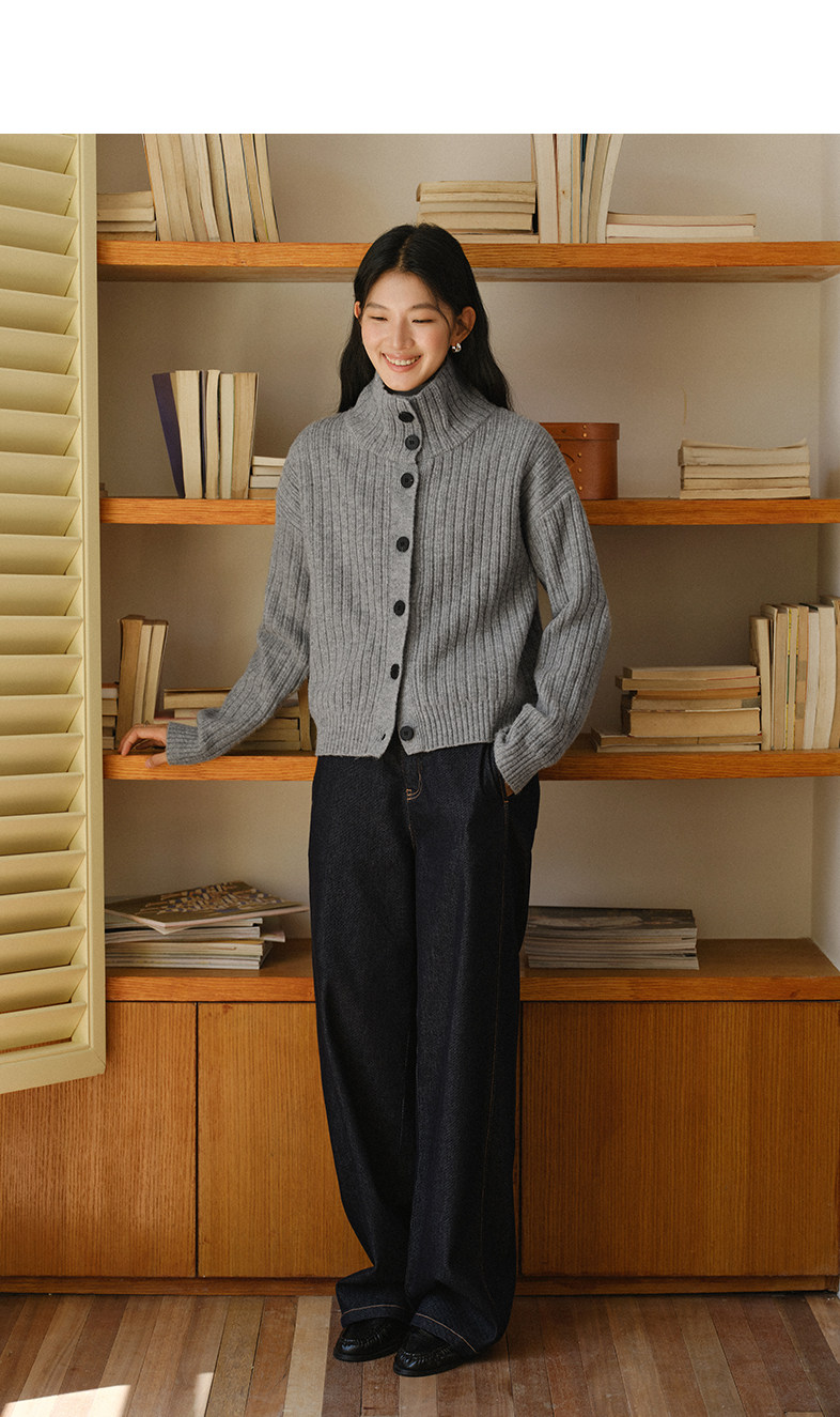 Women's French Ribbed Turtleneck Button Cardigan