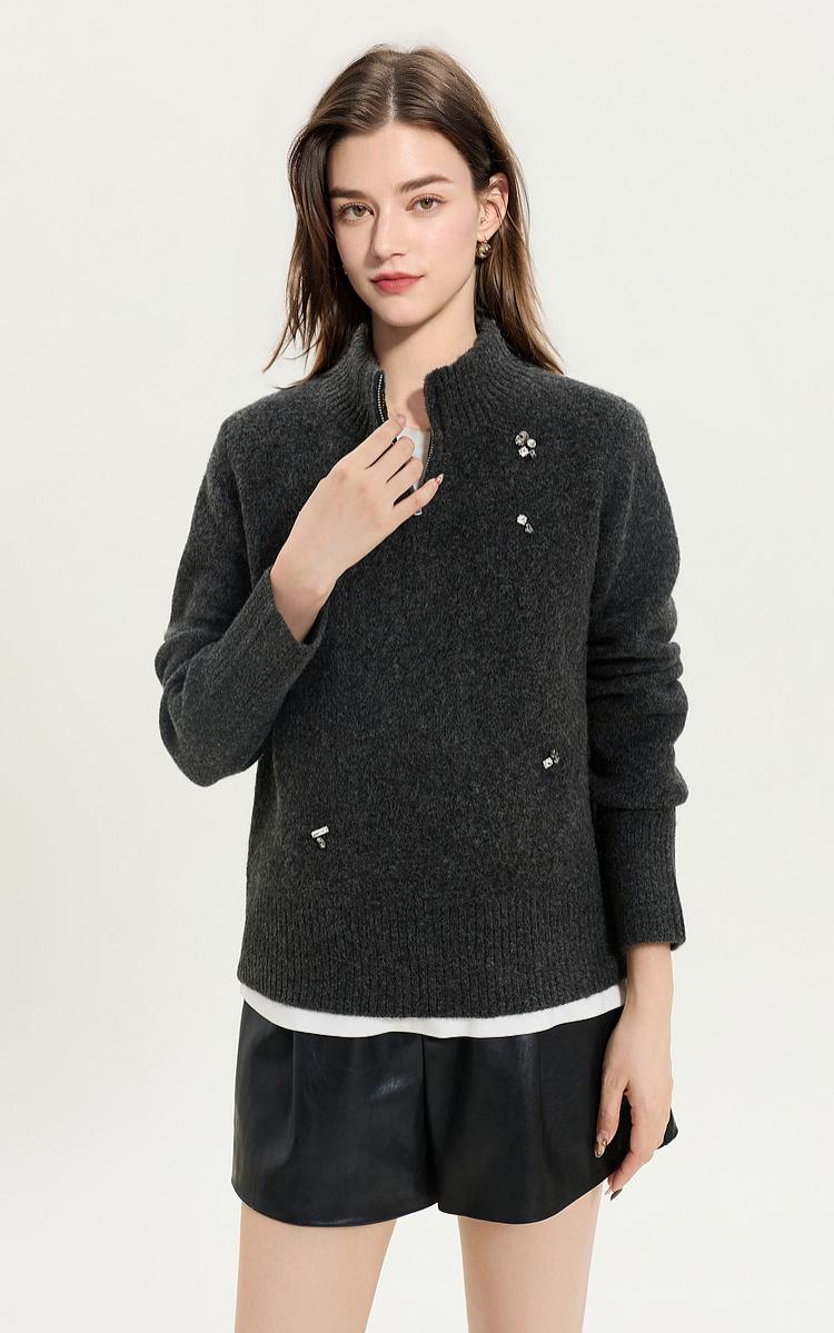 Women's Vintage Zip Stand Collar Knit Sweater