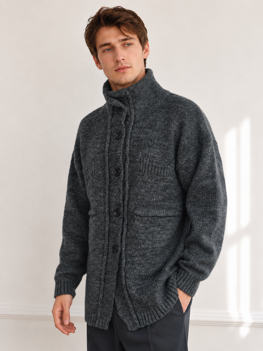 Unisex Wool Blend High Neck Knit Cardigan Sweater Button Front