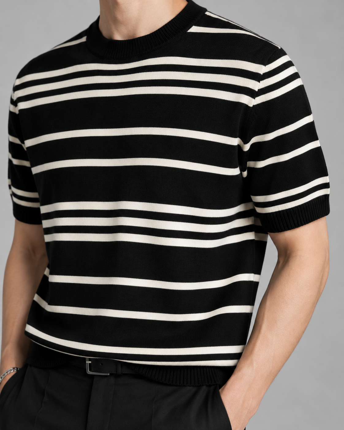 Men's Cooling Stripe Jacquard Knit Crew Neck Shirt