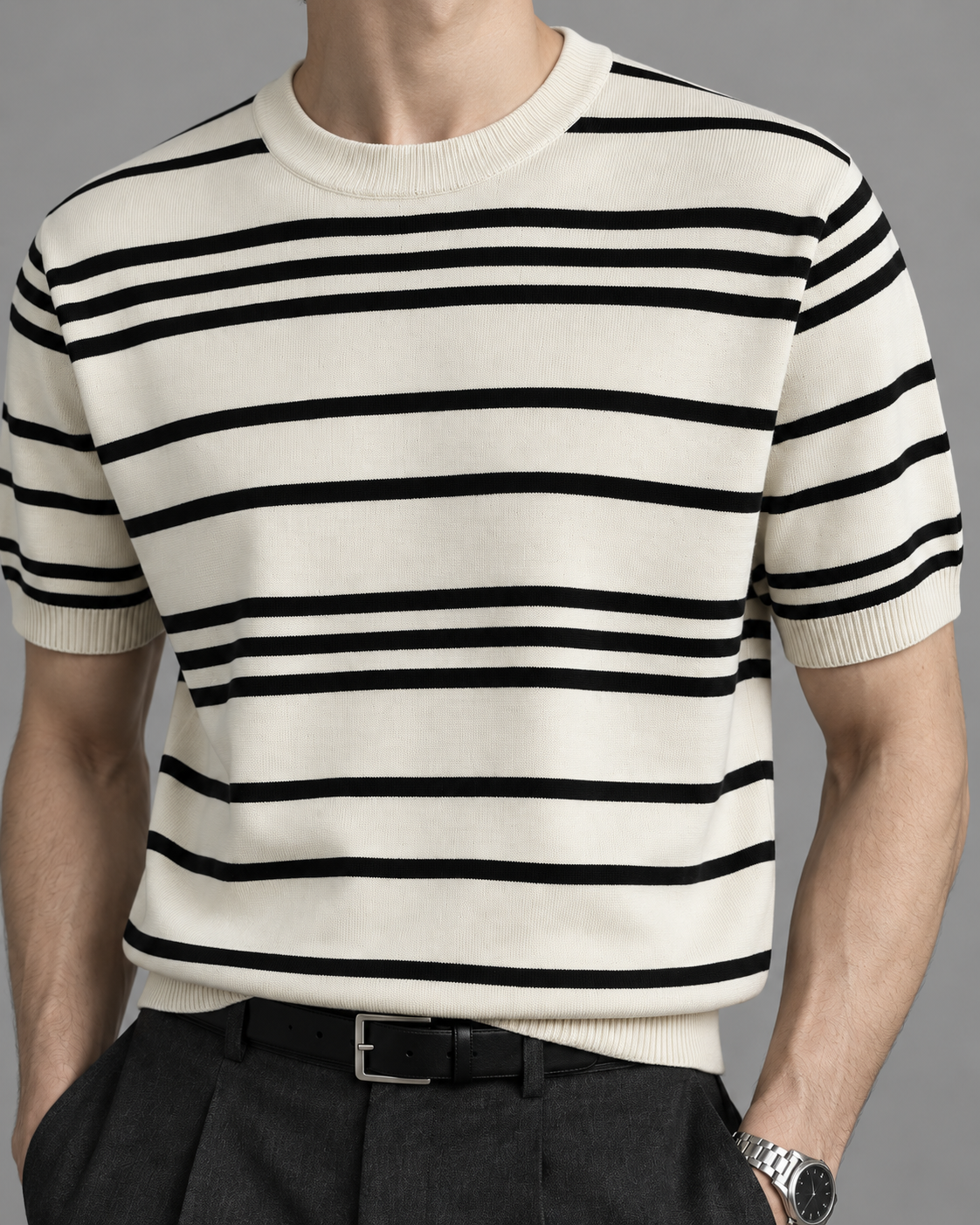 Men's Cooling Stripe Jacquard Knit Crew Neck Shirt