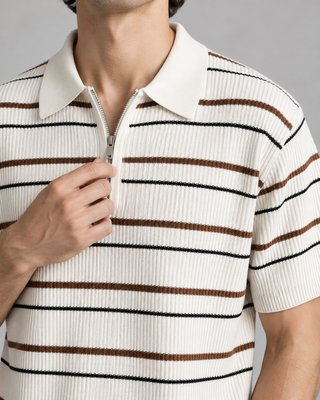 Men's Cooling Ribbed Stripe Half Zip Knit Polo