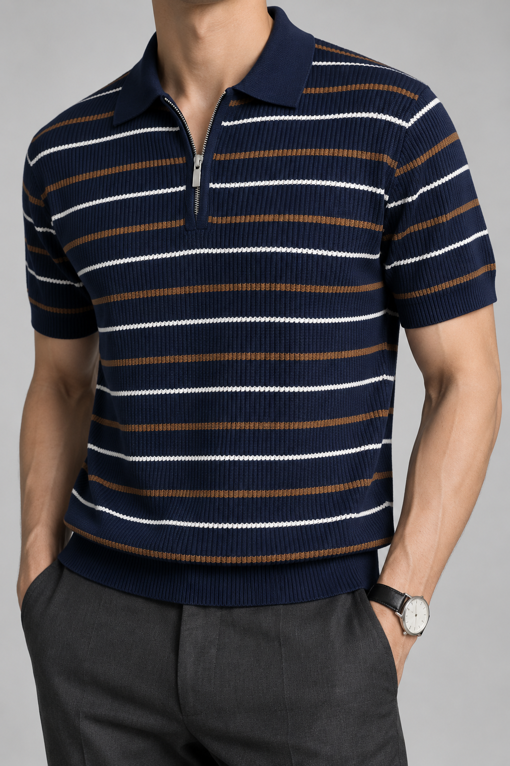 Men's Cooling Ribbed Stripe Half Zip Knit Polo