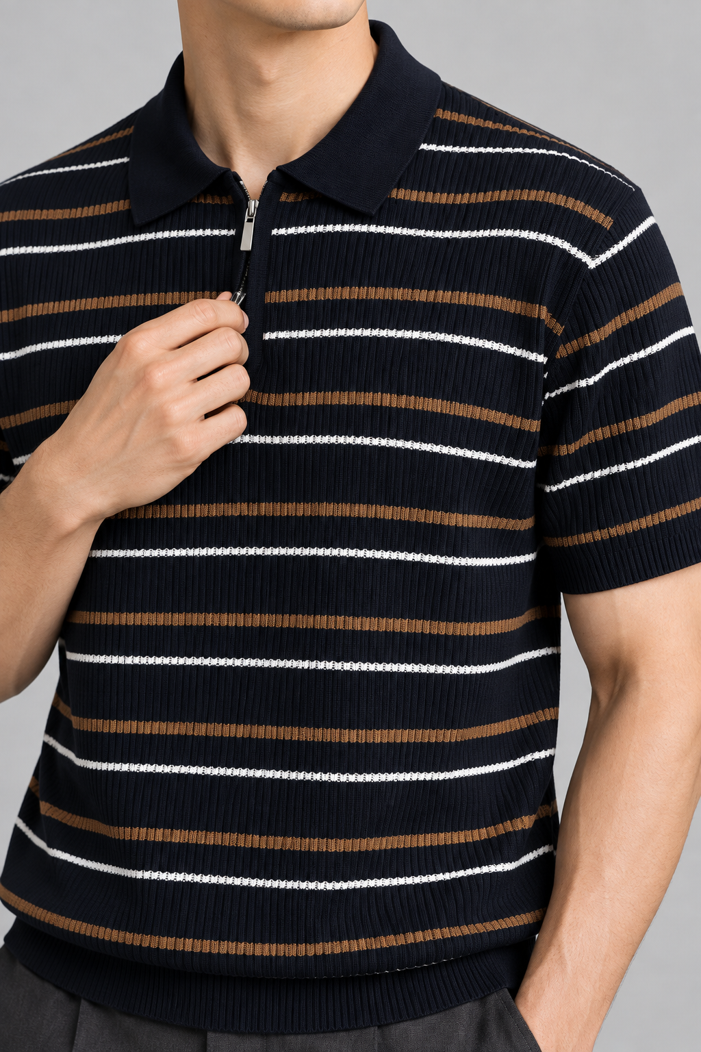 Men's Cooling Ribbed Stripe Half Zip Knit Polo